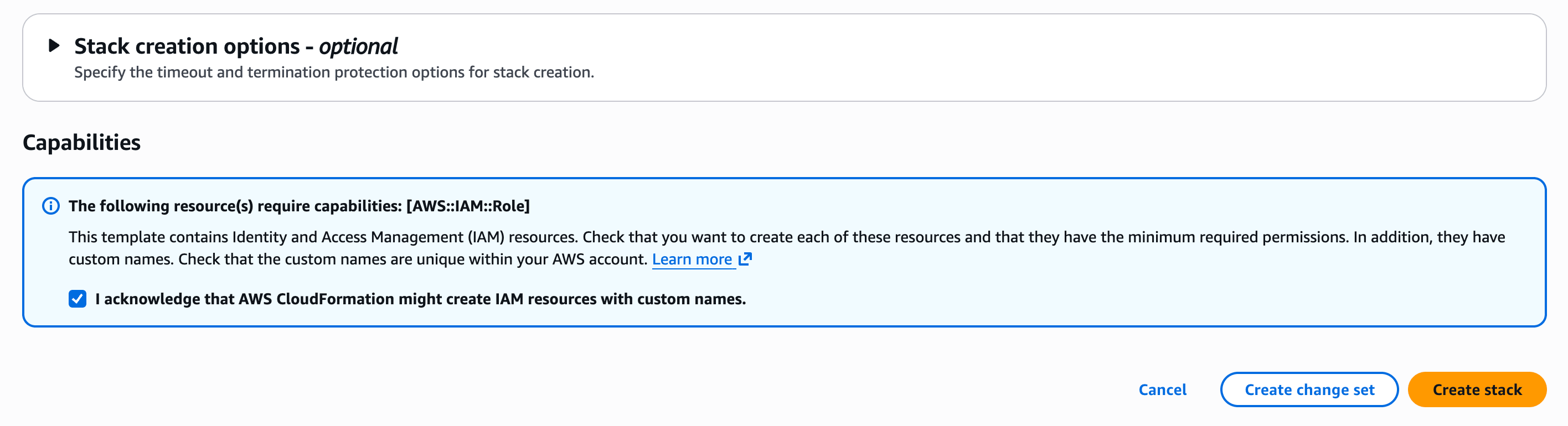 IAM capabilities acknowledgement checkbox