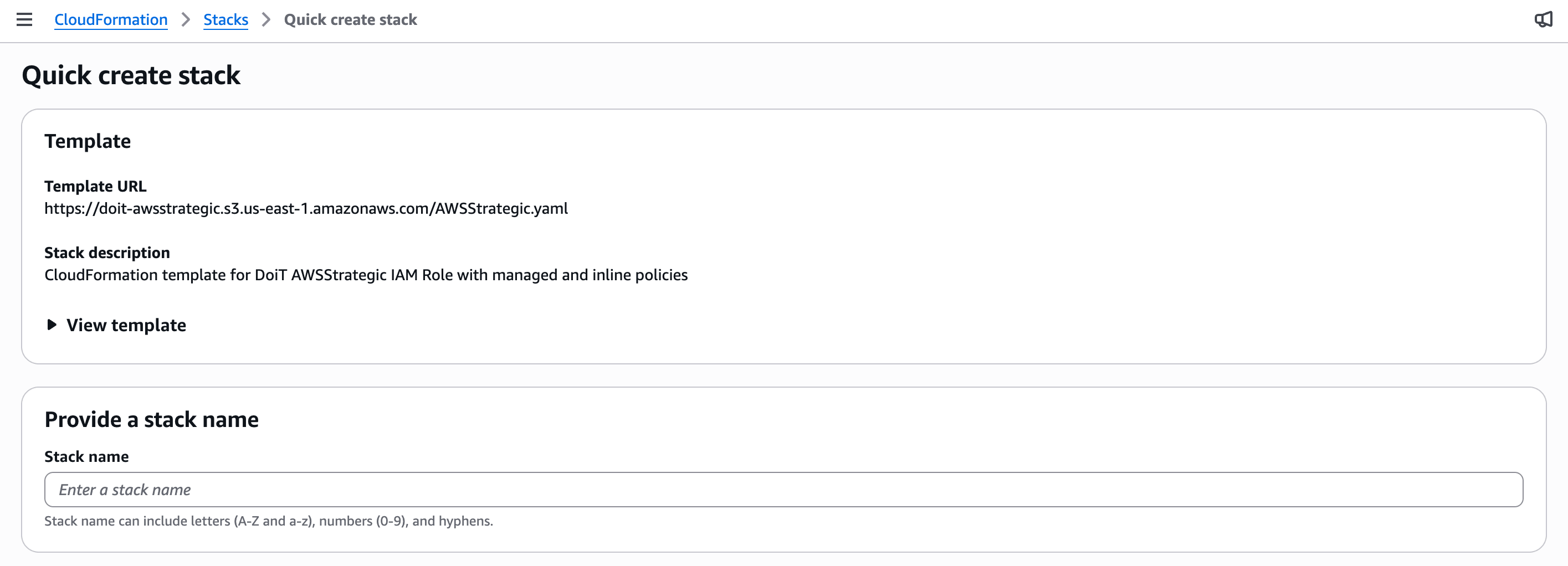 CloudFormation stack name field