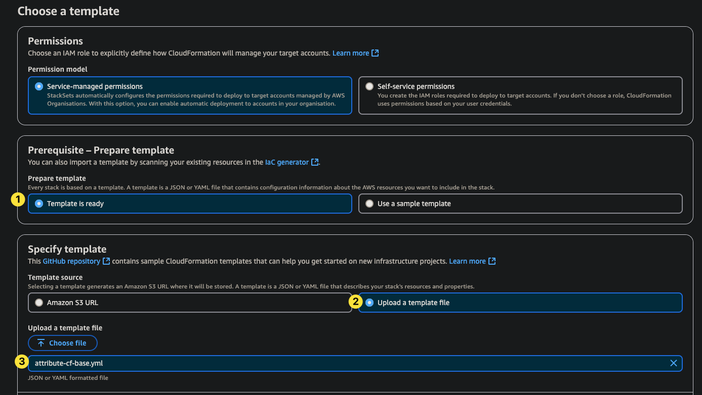 Choose a template page, with annotations on Template is ready (1), Upload a template file (2), and the uploaded attribute-cf-base.yml file (3)