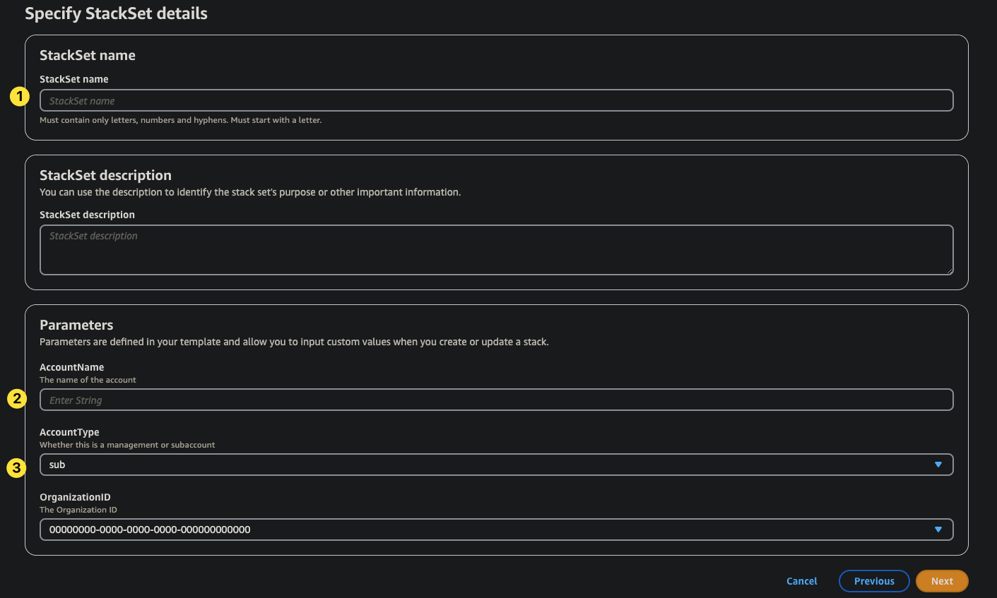 Specify StackSet details page, with annotations on StackSet name (1), AccountName left empty (2), and AccountType set to sub (3)