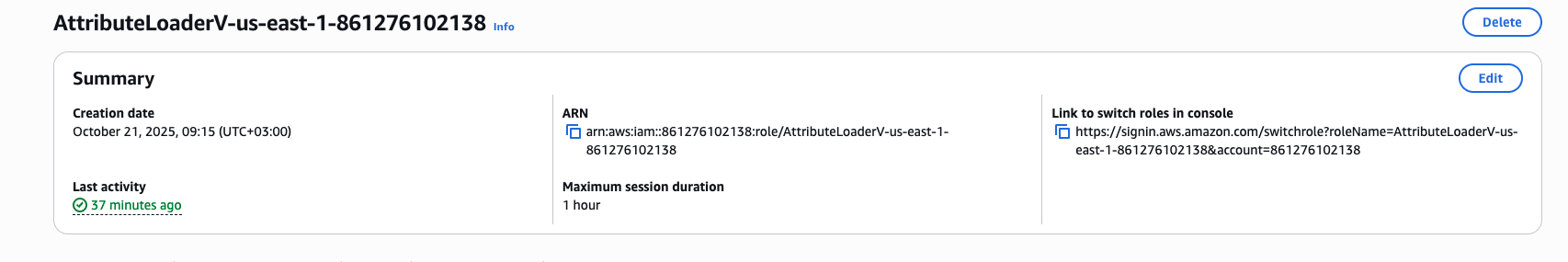 AWS IAM role AttributeLoaderV-us-east-1-861276102138 summary showing creation date, ARN, and switch-role link