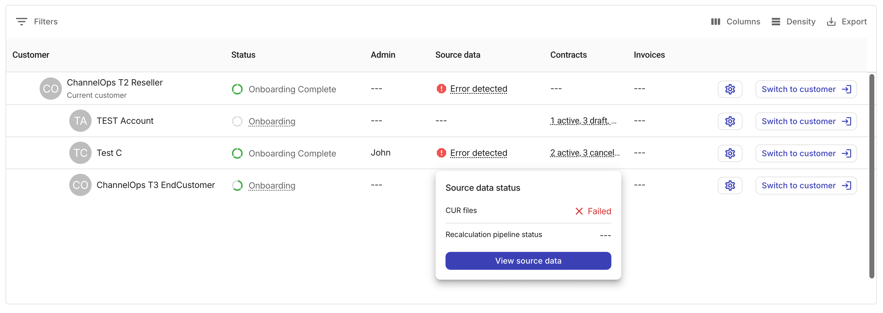 Customer source data status