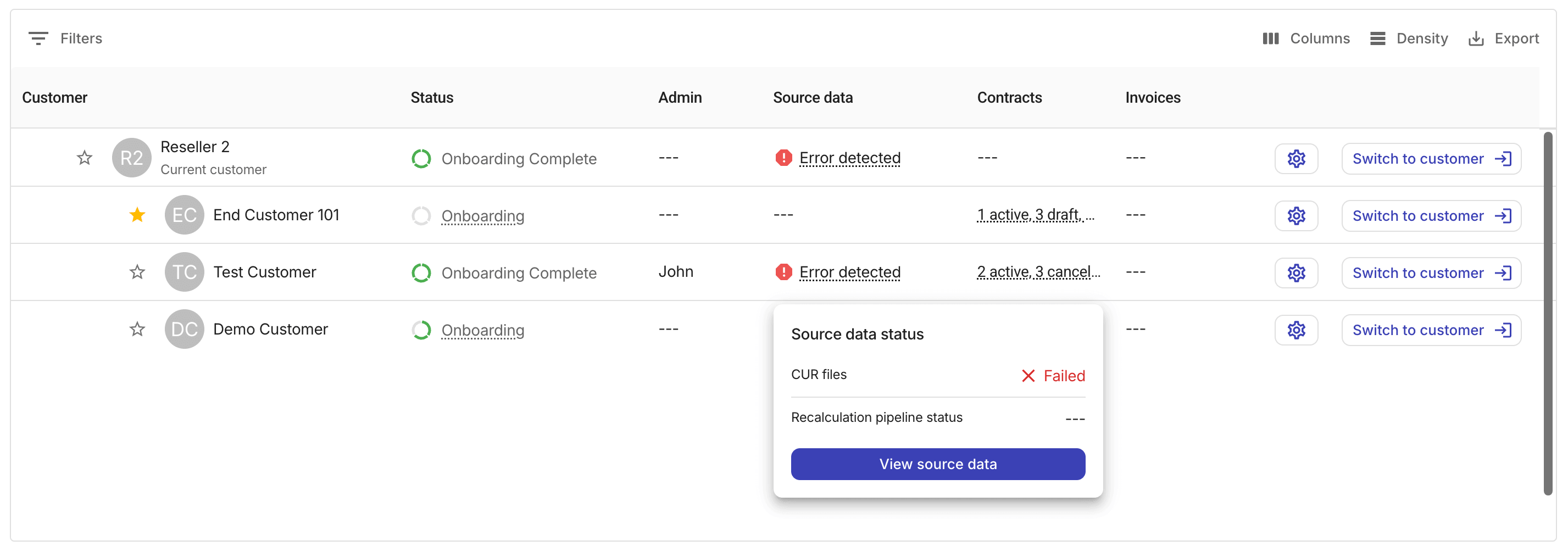 Customer source data status