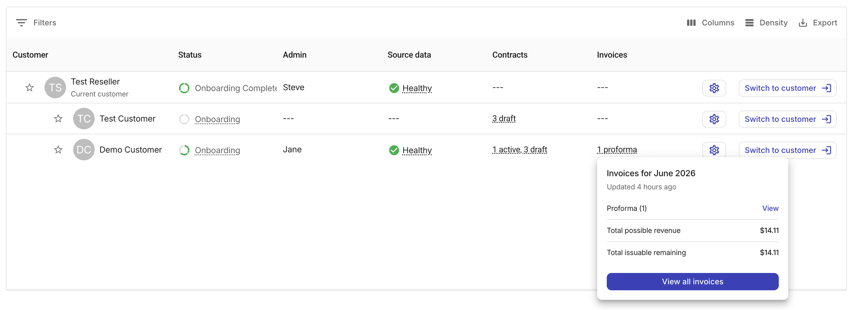 Reseller customers page