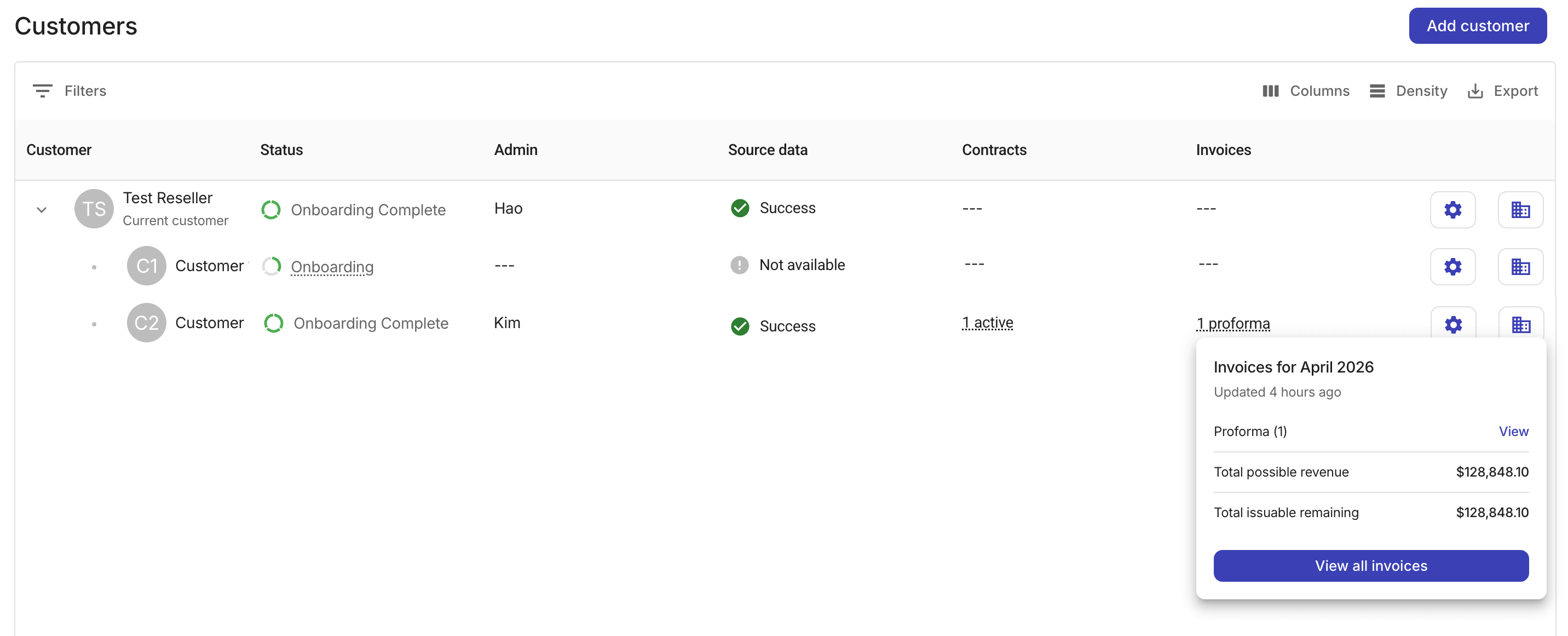 Reseller customers page