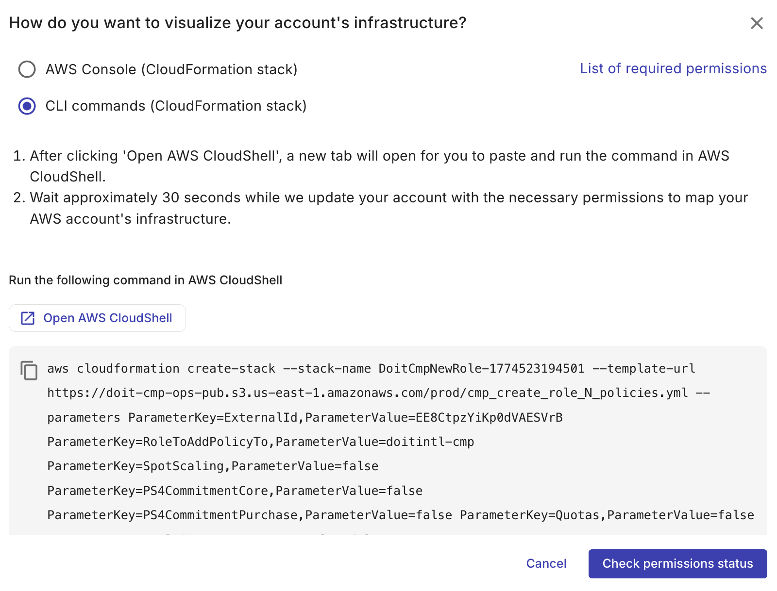Instructions for linking the AWS account using a cli commands