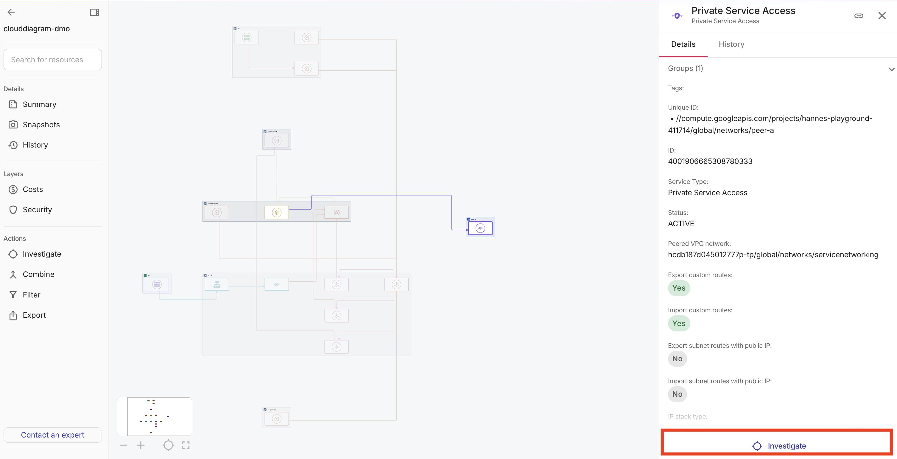 Select a resource on a Cloud Diagram and select Investigate
