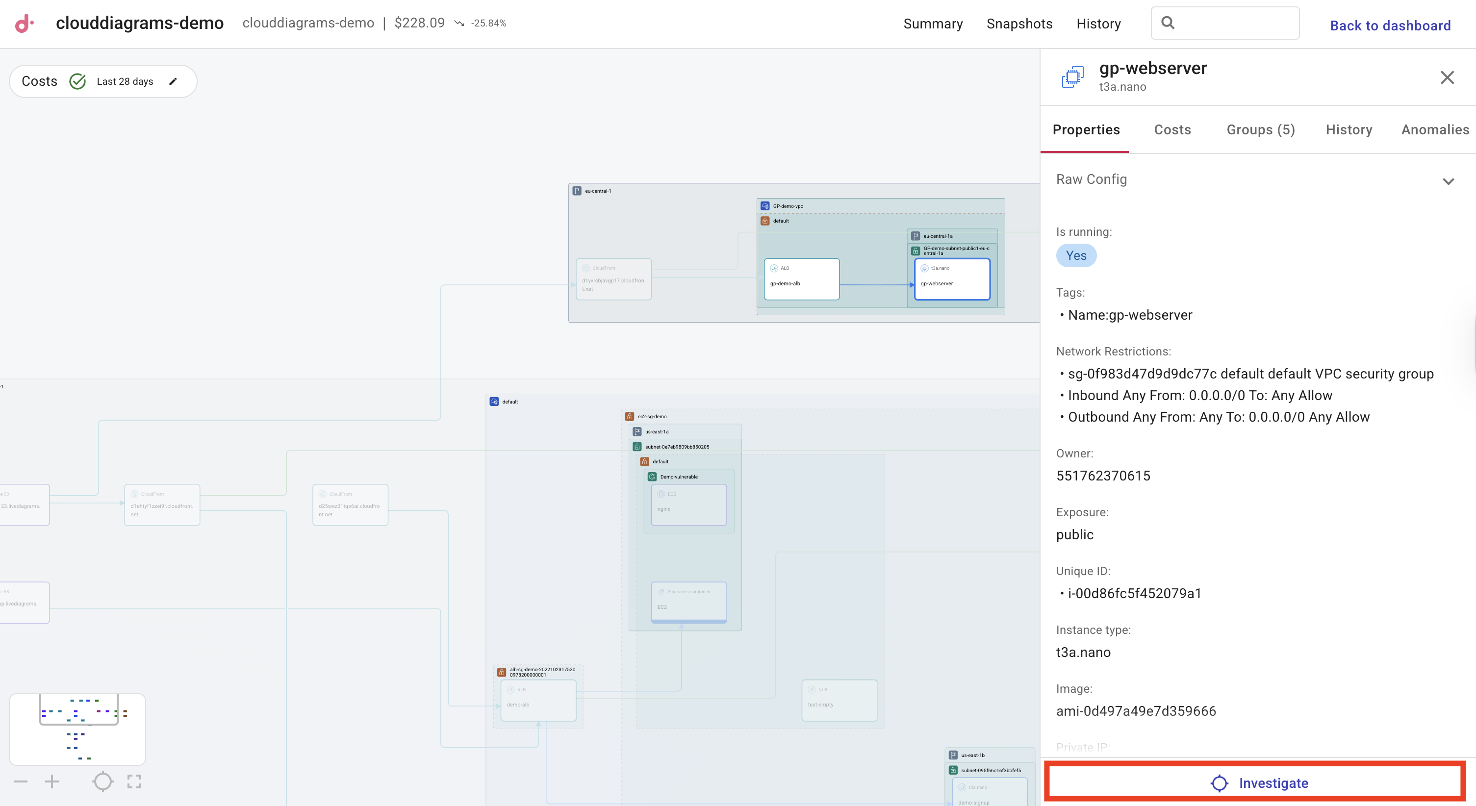 Select a resource on a Cloud Diagram and select Investigate