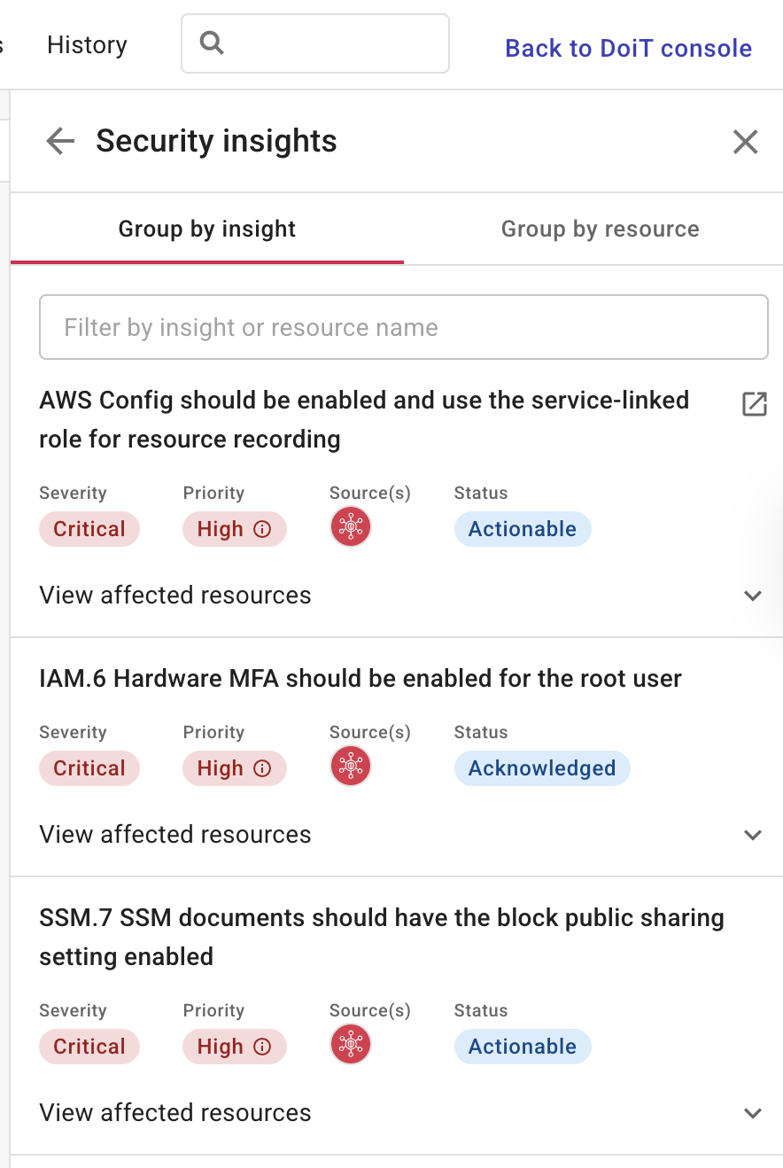 Security insights grouped by insight