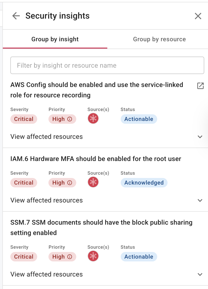 Security insights grouped by insight