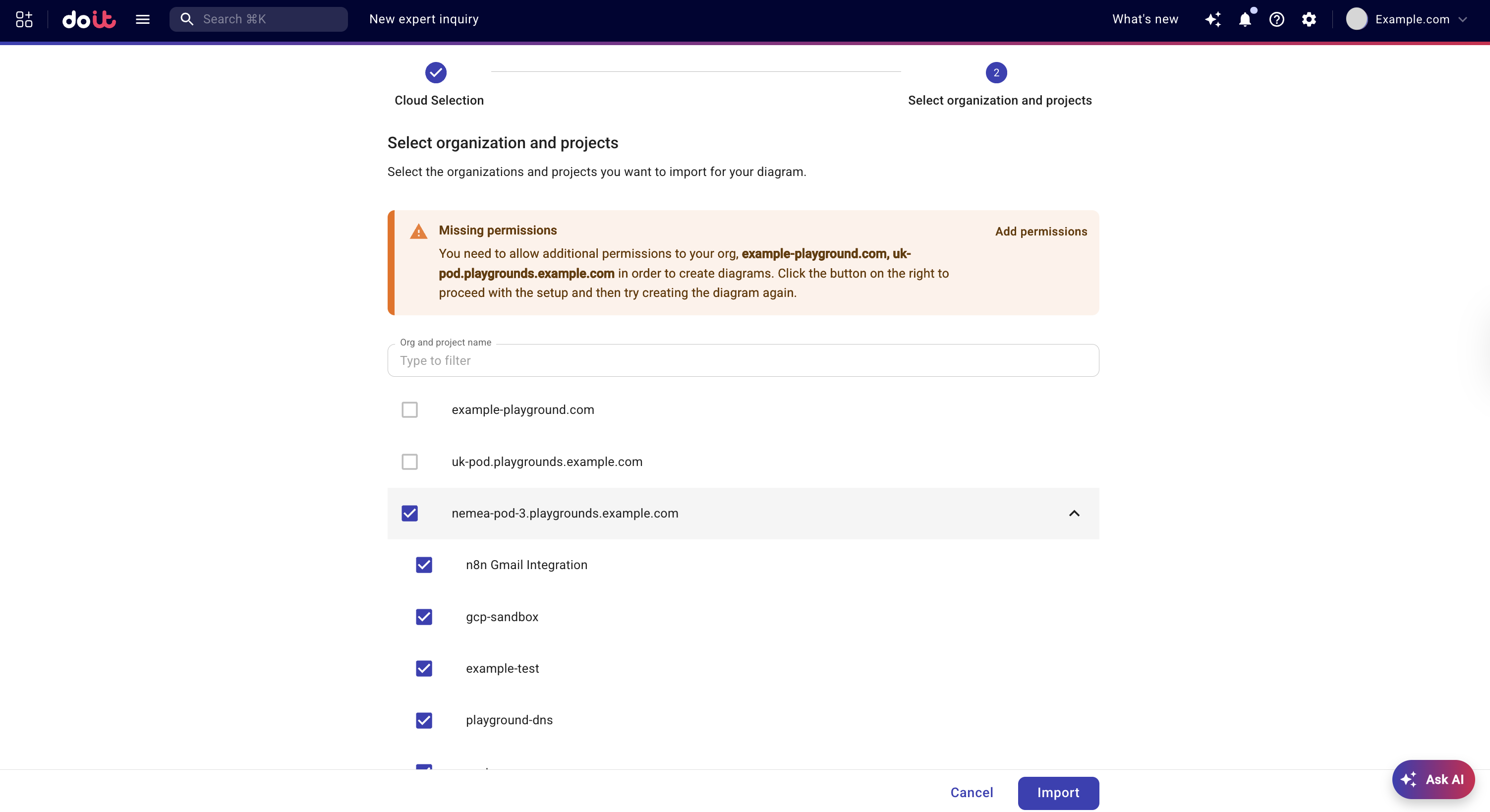 Select Google Cloud organizations and projects