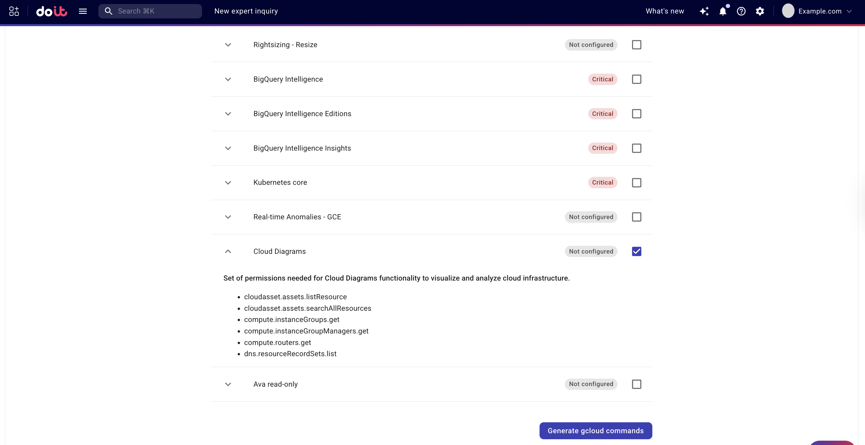 Expand the Cloud Diagrams feature to see the required permissions