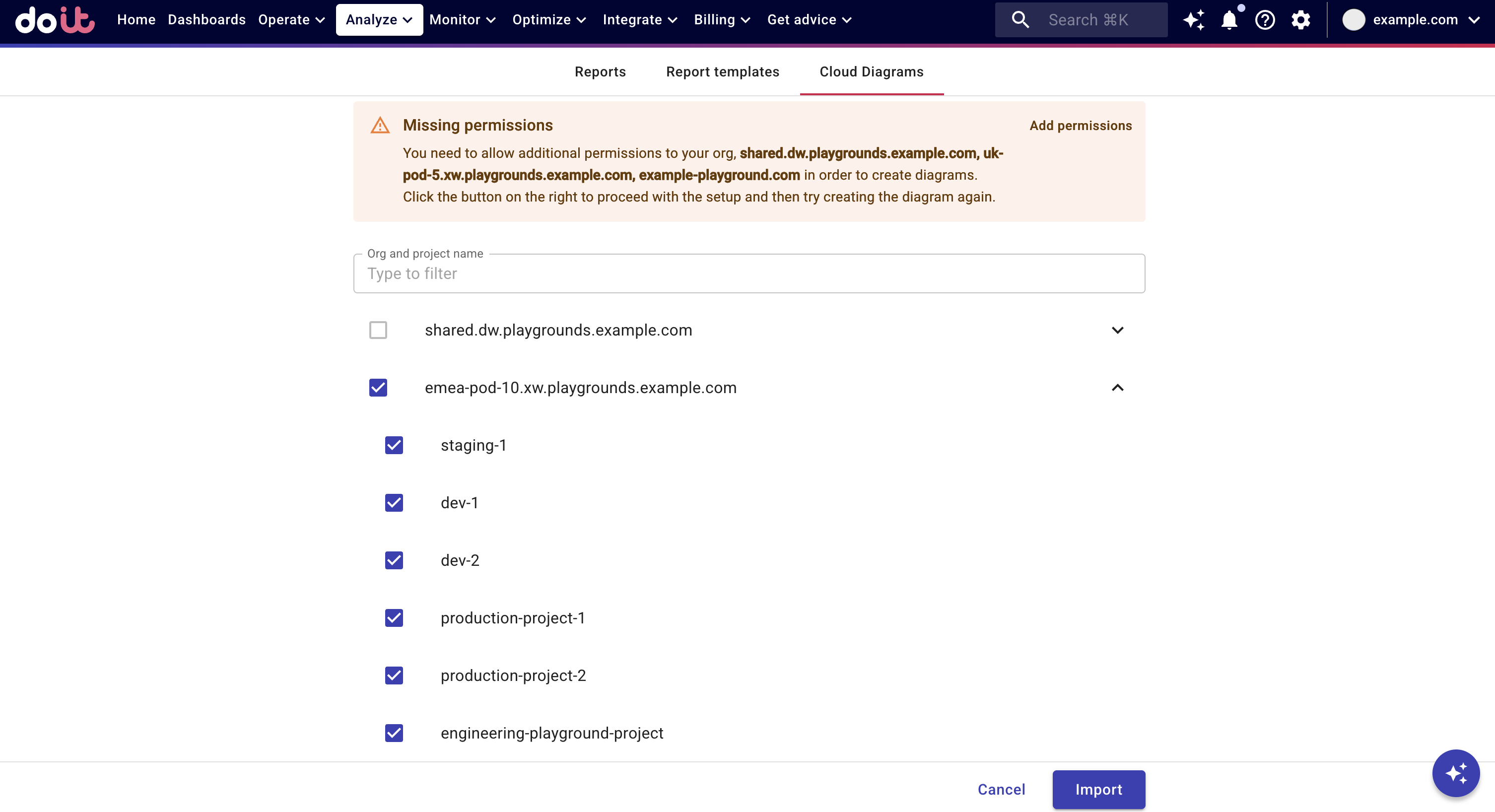 Select Google Cloud organizations and projects