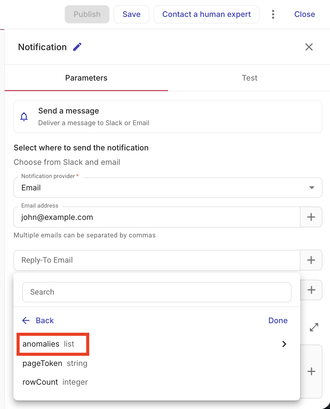 Notification message node with list parameter displayed