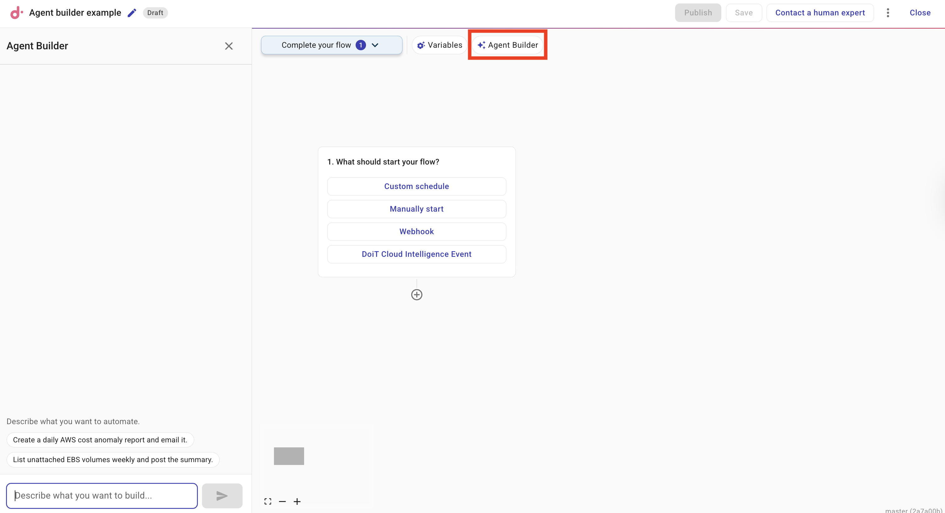 CloudFlow editor top bar with Variables and Agent Builder buttons visible