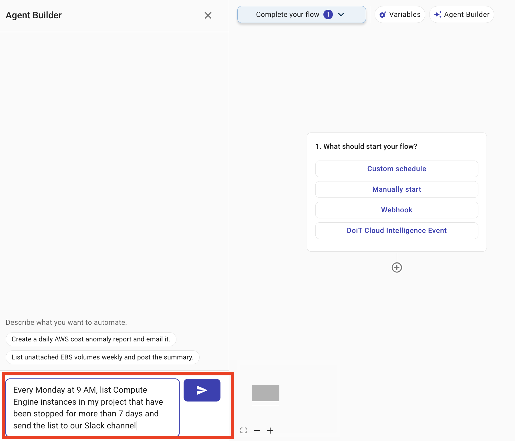 Agent Builder side panel with input, example prompts