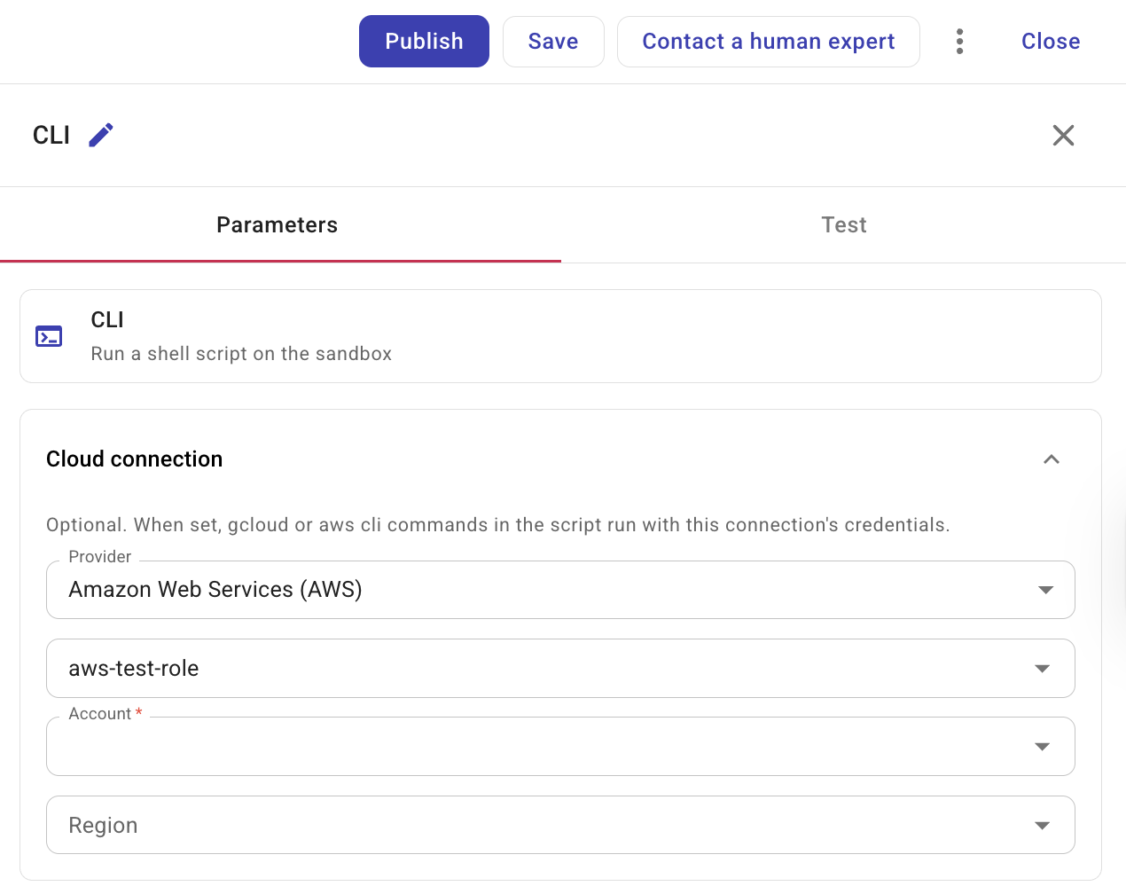 CLI node with AWS connection showing Account and Region fields