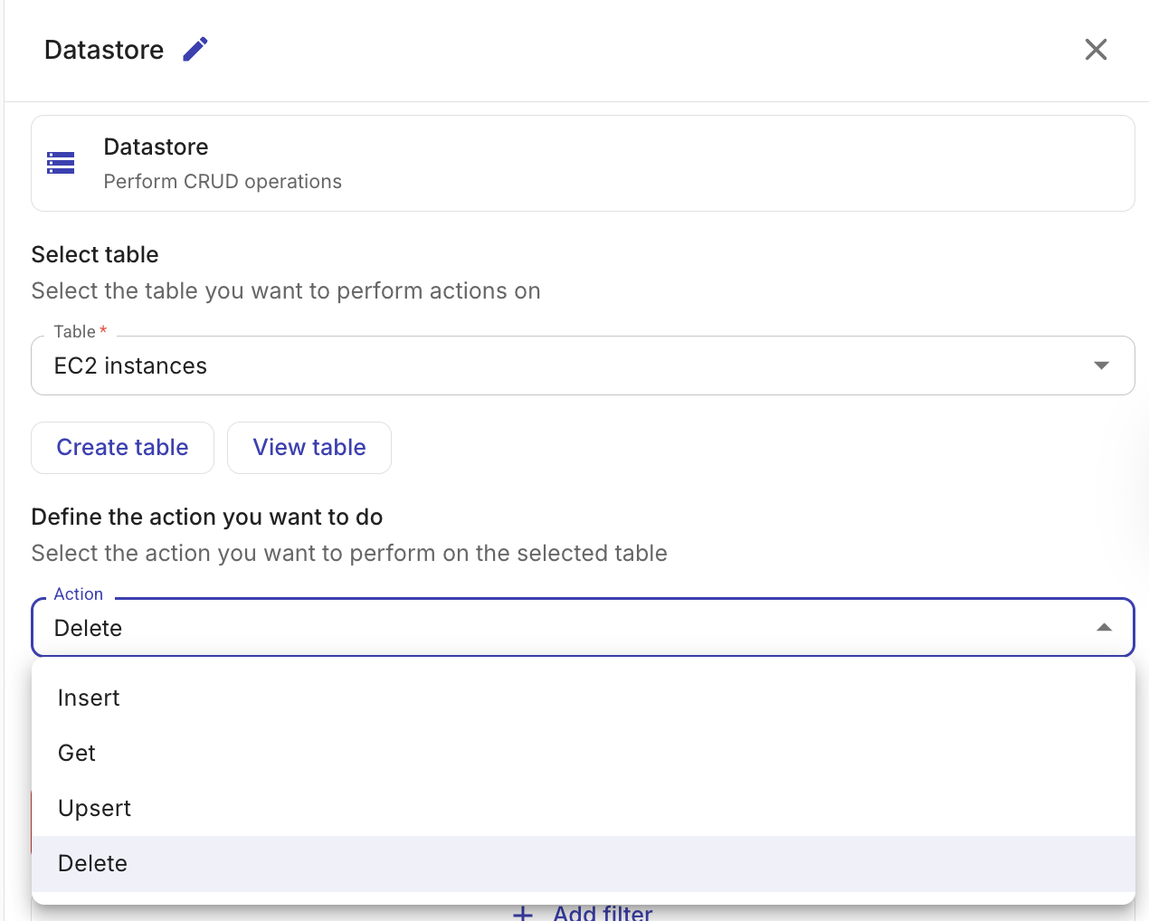 Datastore node configuration panel with action dropdown showing Get, Insert, Upsert, Delete