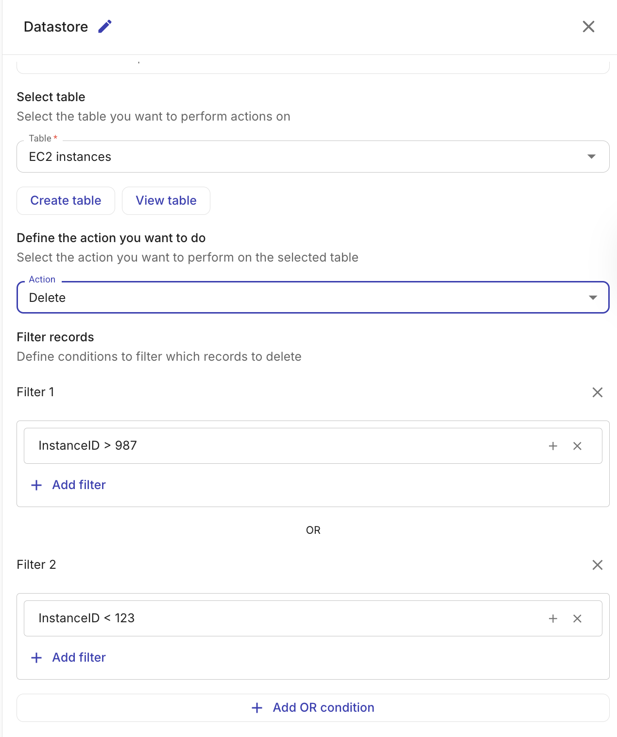 Delete records configuration with table selector and required filter groups