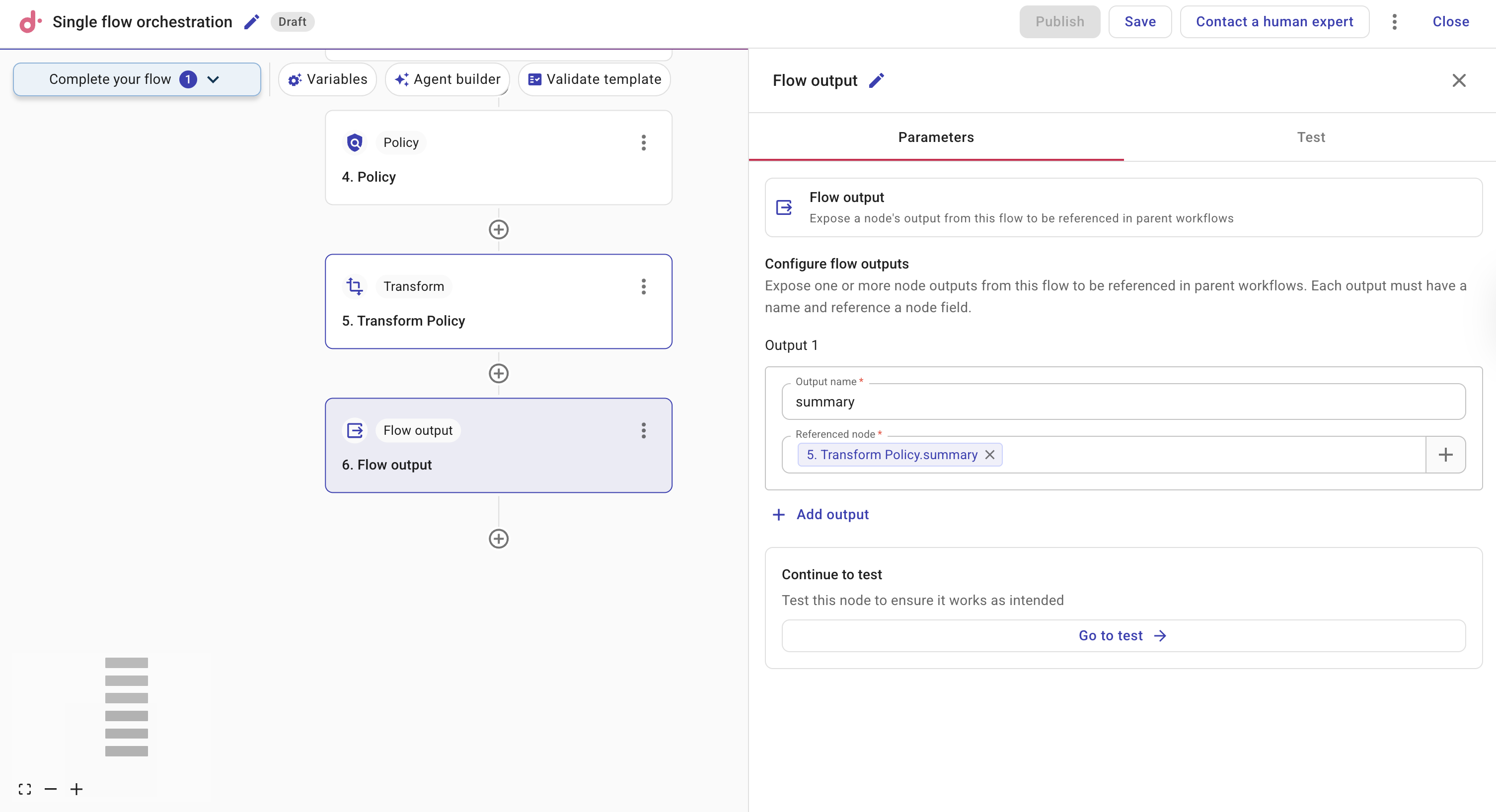 Subflow editor with Flow output node and Flow output parameters tab showing name and field