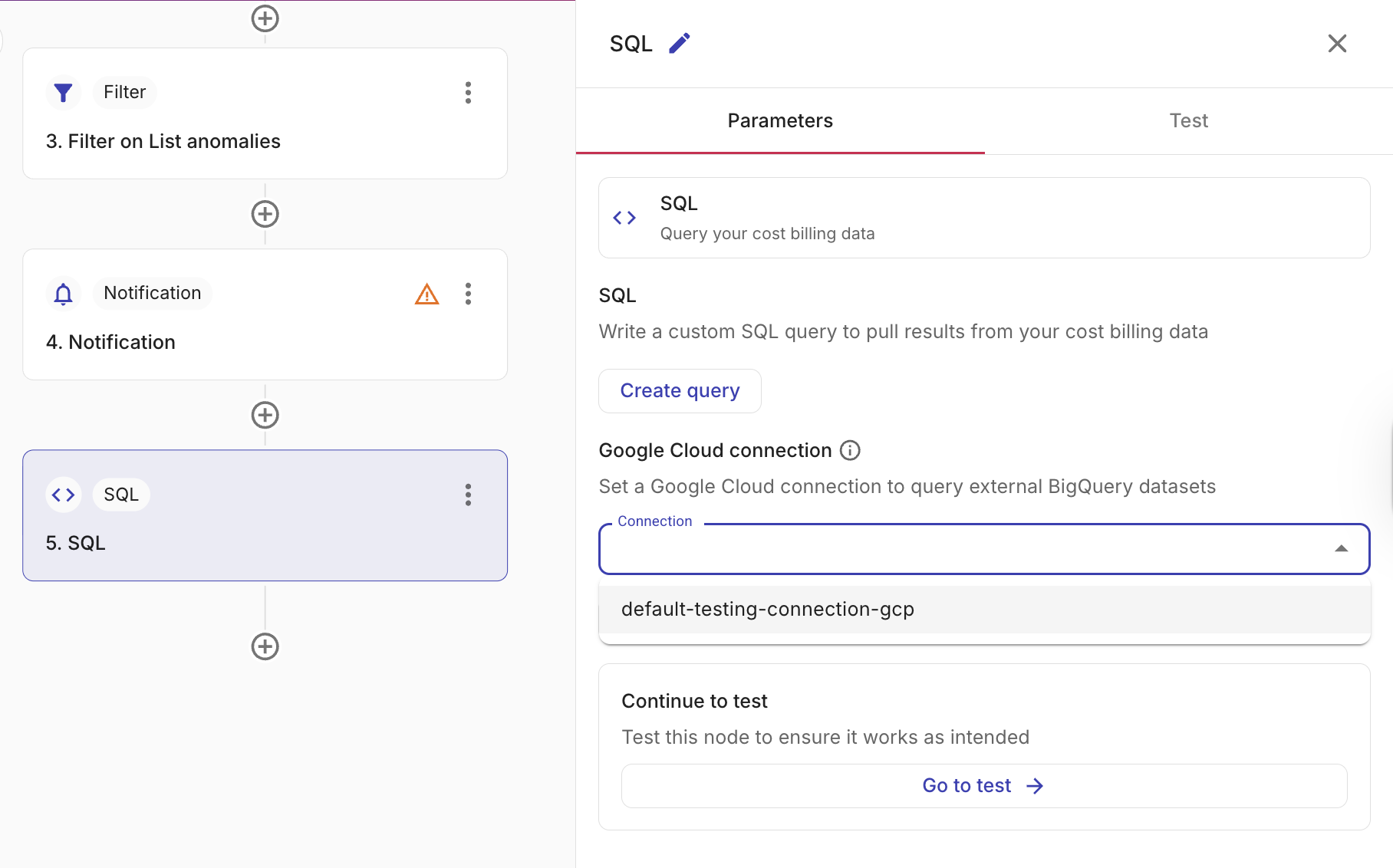 SQL node with GCP connection dropdown