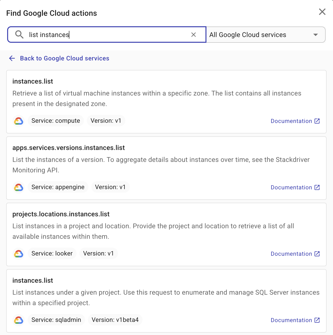 Search for a Google Cloud action