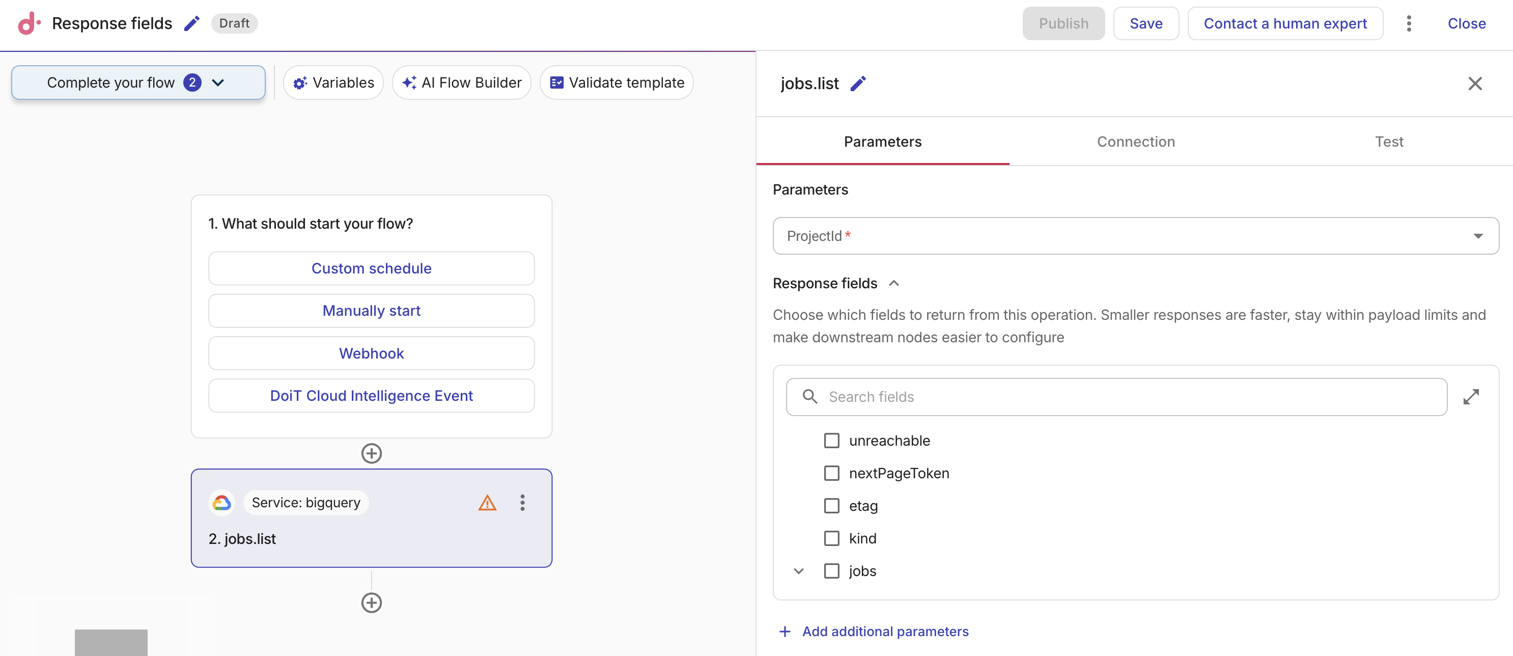 Google Cloud action response fields