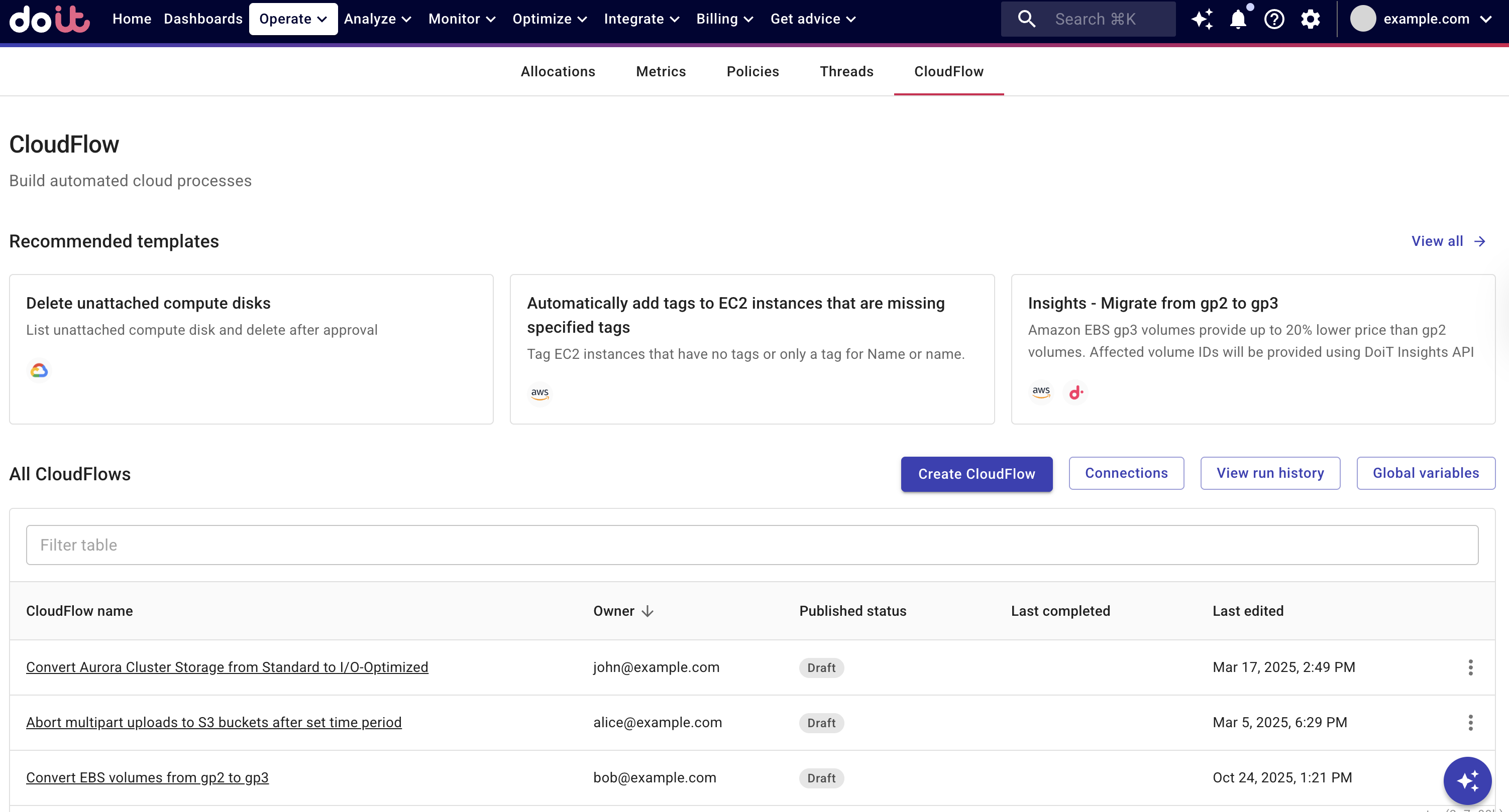 CloudFlow creation options