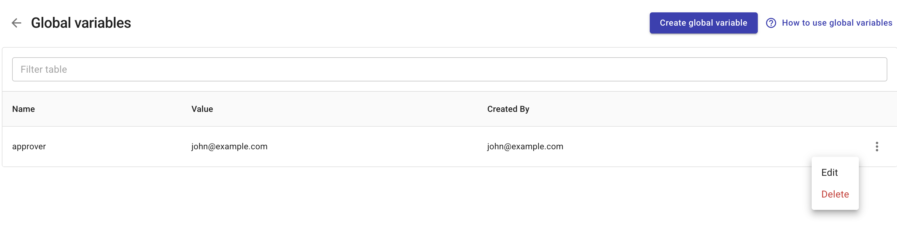 Select the three dots menu from the rightmost end of the global variable entry that you want to manage a variable from a CloudFlow