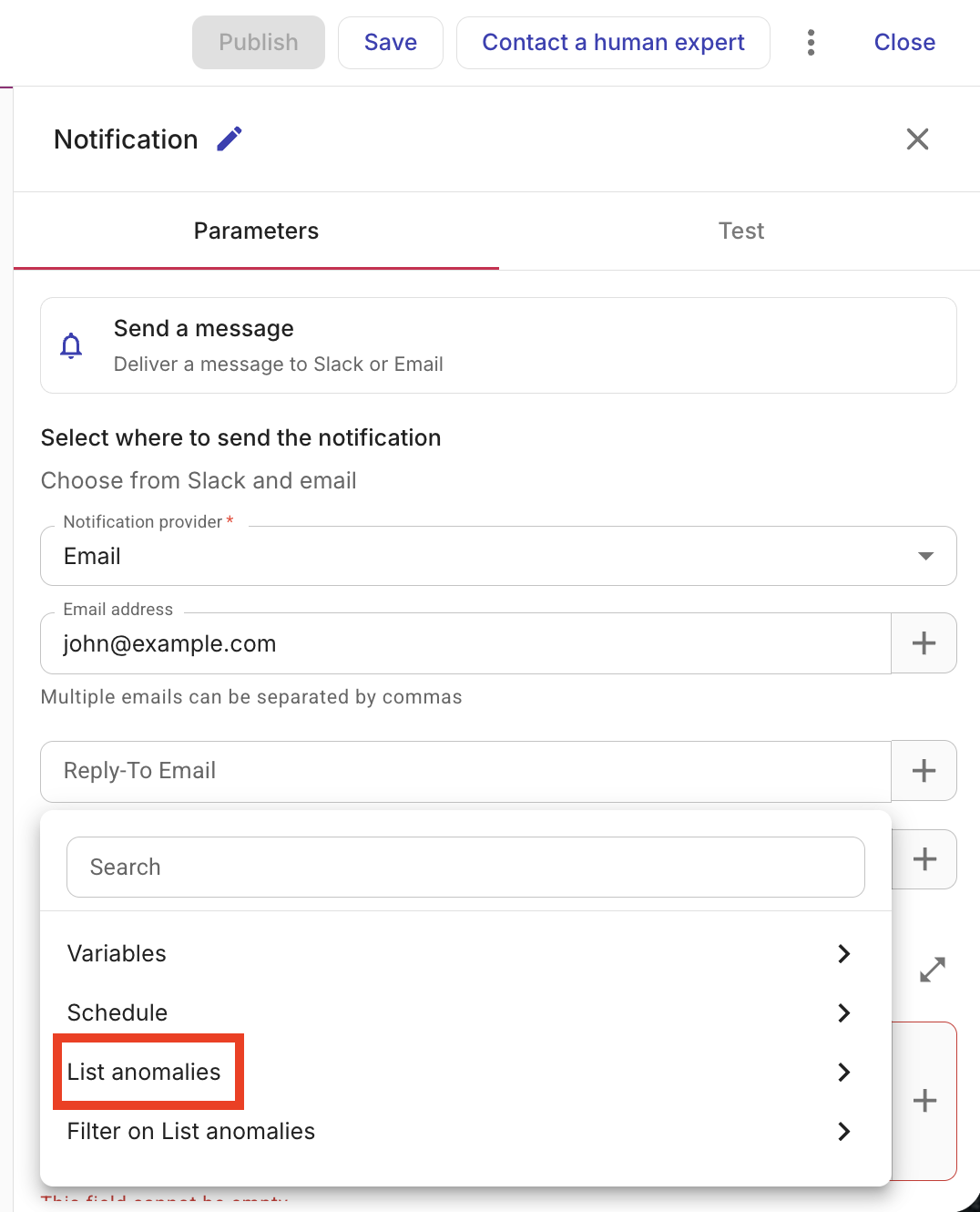 Notification message node with referenced list parameter displayed