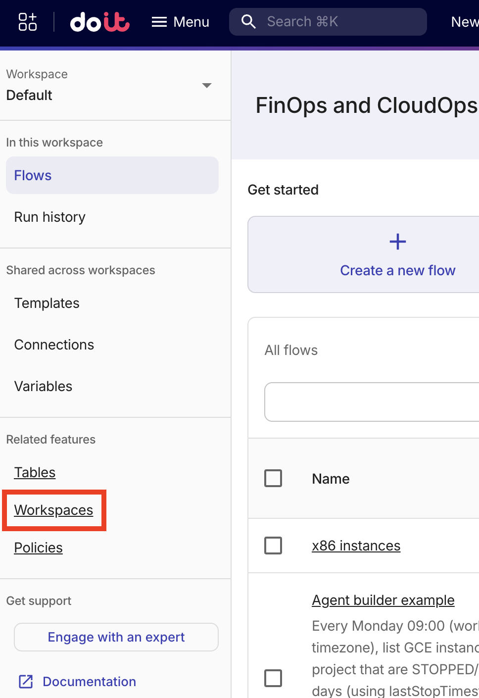 CloudFlow workspaces in related features