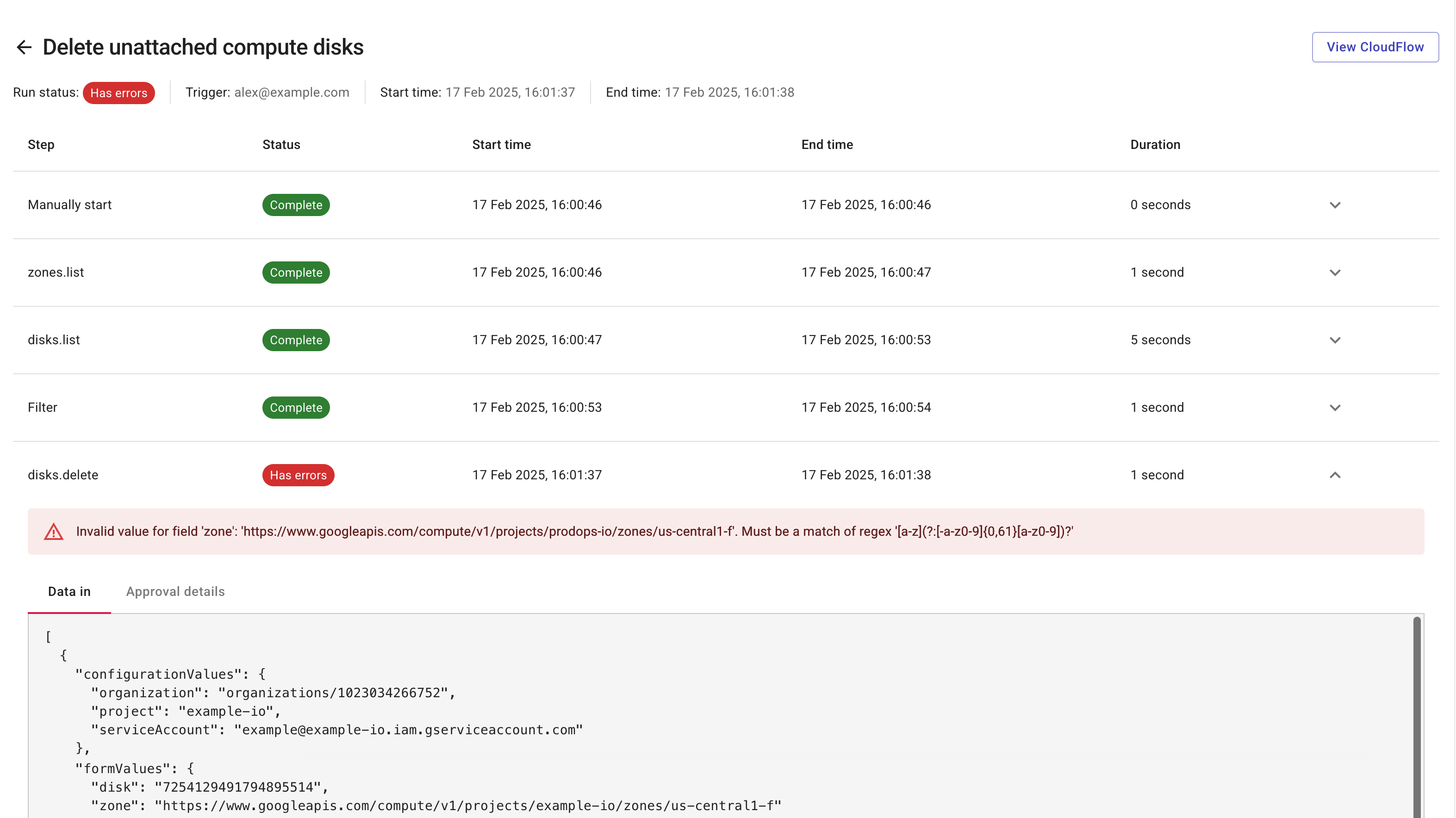 CloudFlow run history - nodes