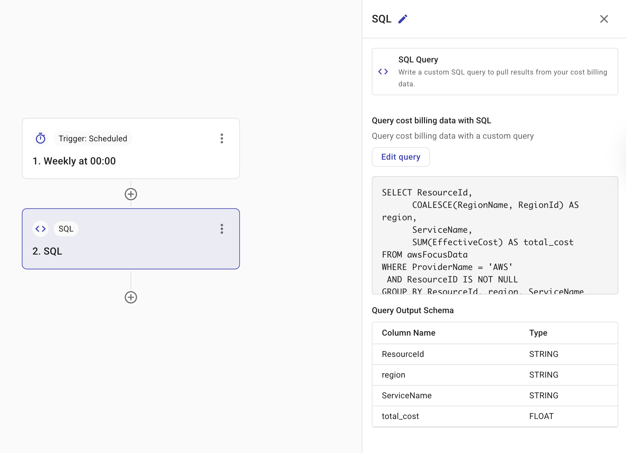 SQL node query output schema