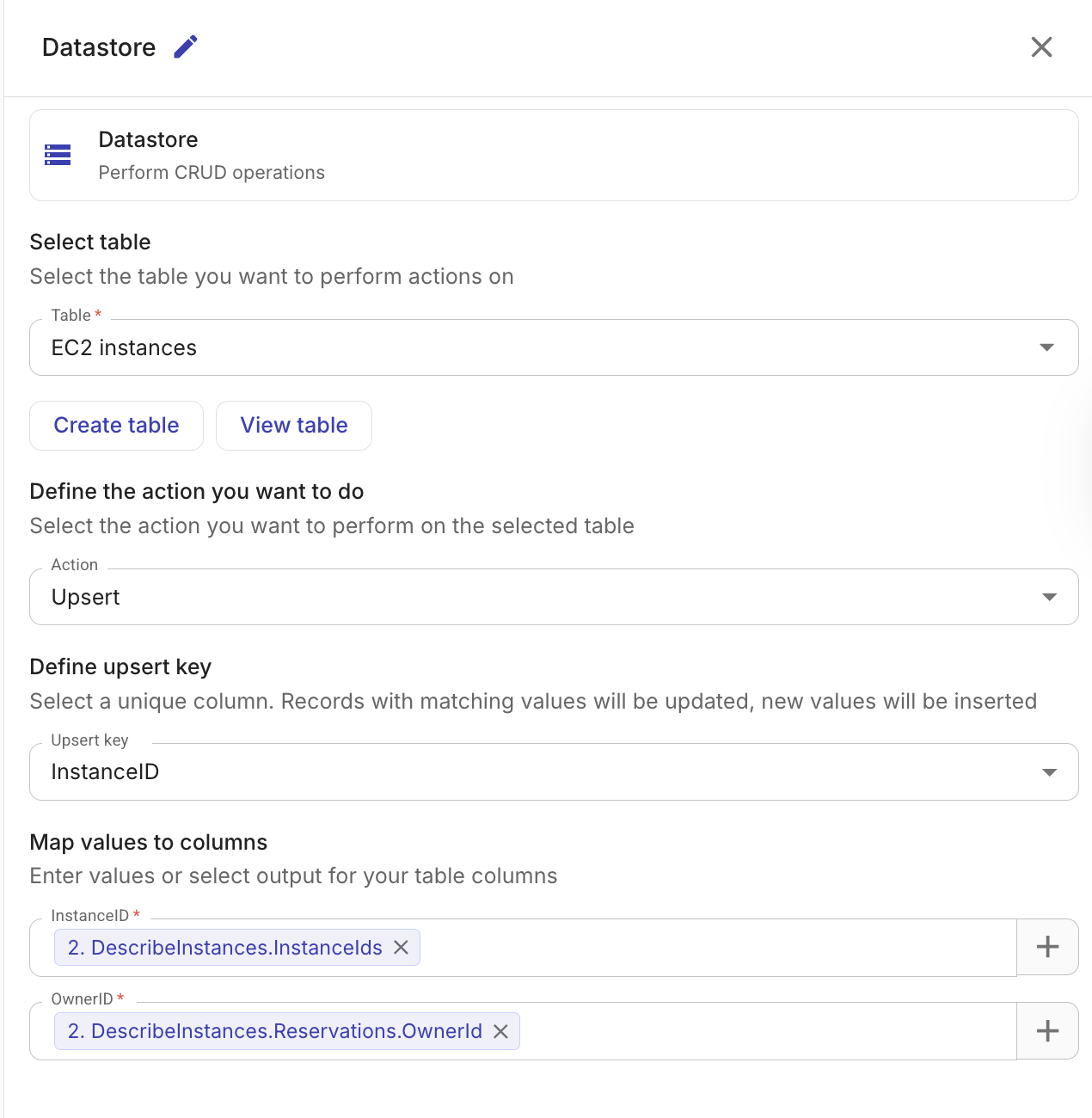 Upsert records configuration with table selector, upsert key dropdown, and column mappings