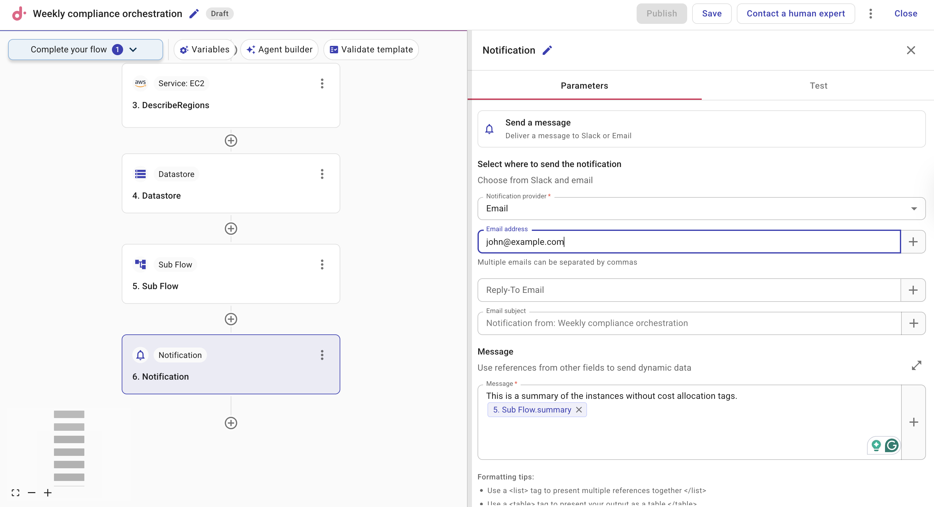Parent flow with Sub Flow node selected and downstream node showing subflow output in field picker