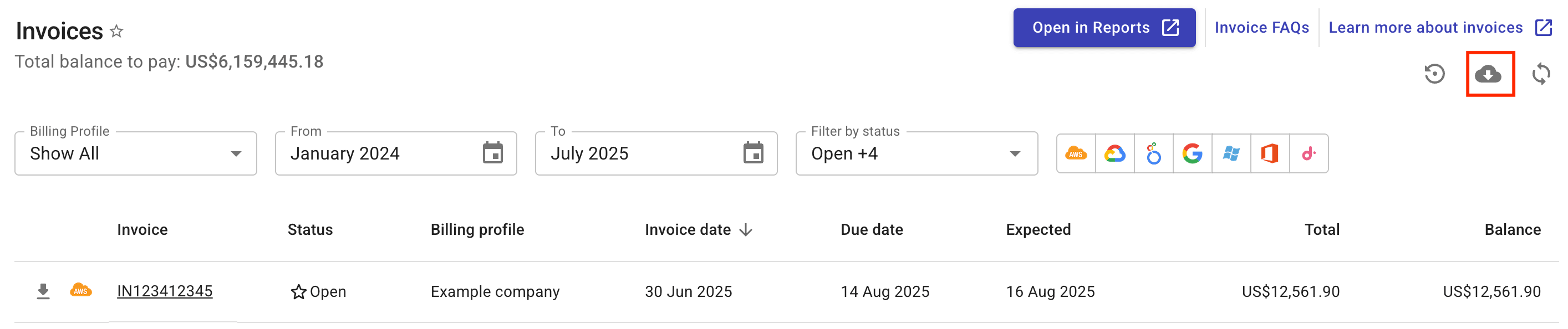 The main Invoices page.