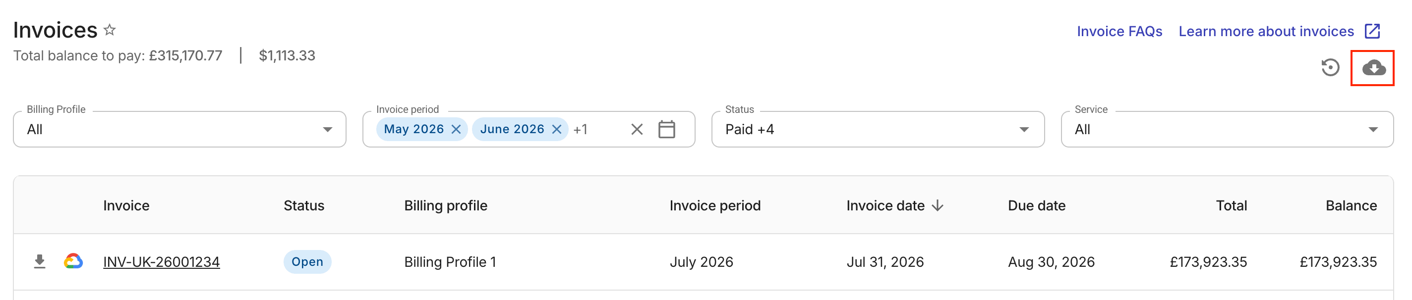 The main Invoices page.