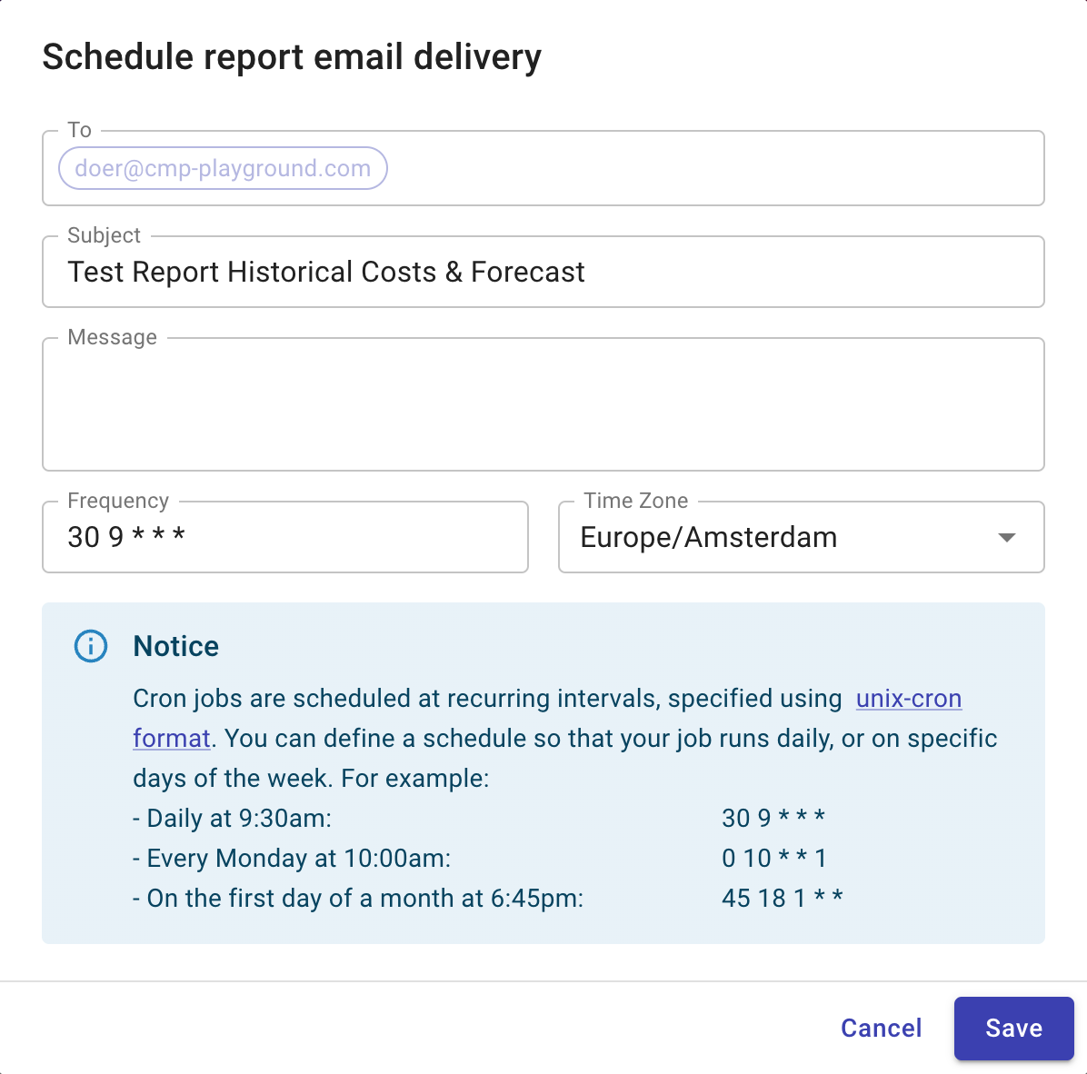 The Schedule Report Email Delivery dialog