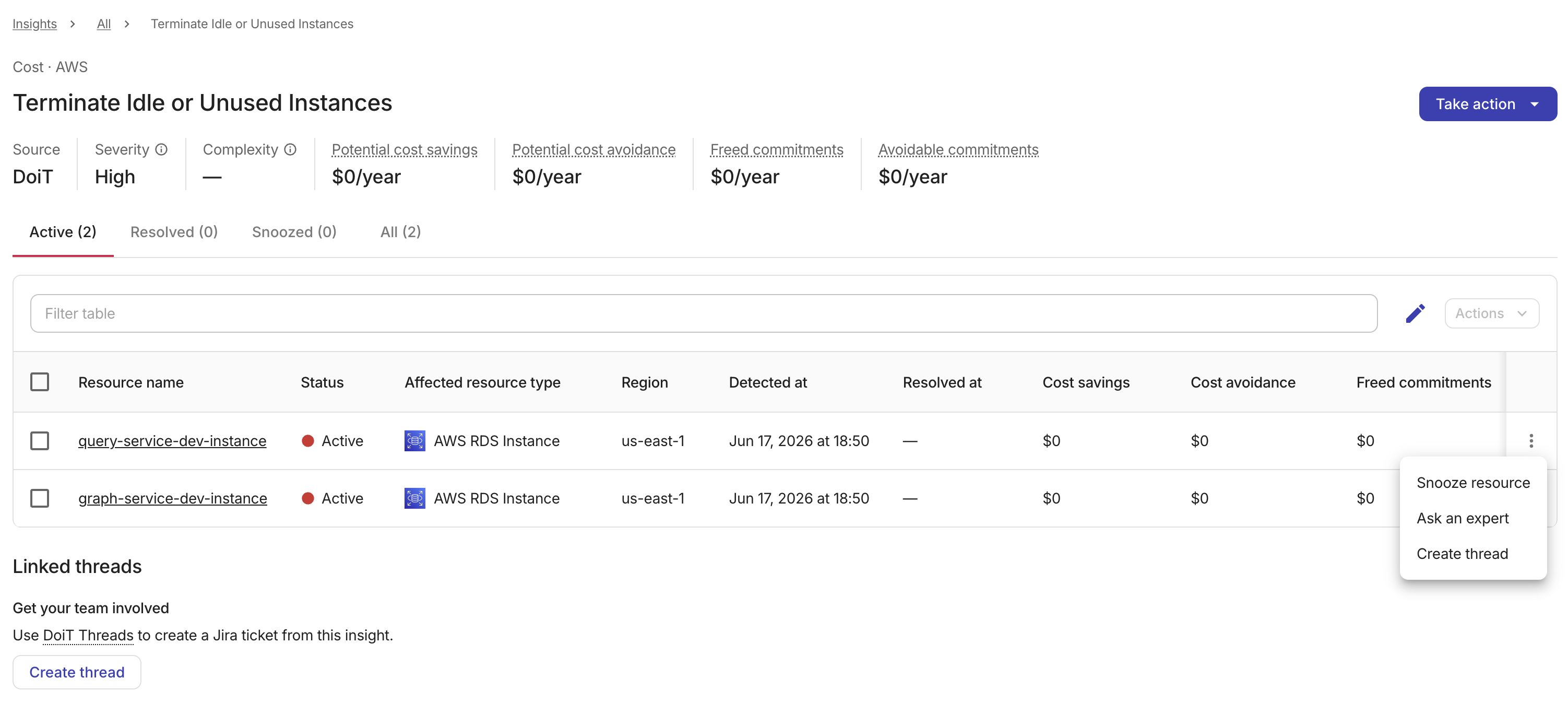 Composer Insight details - Take action on a resource.