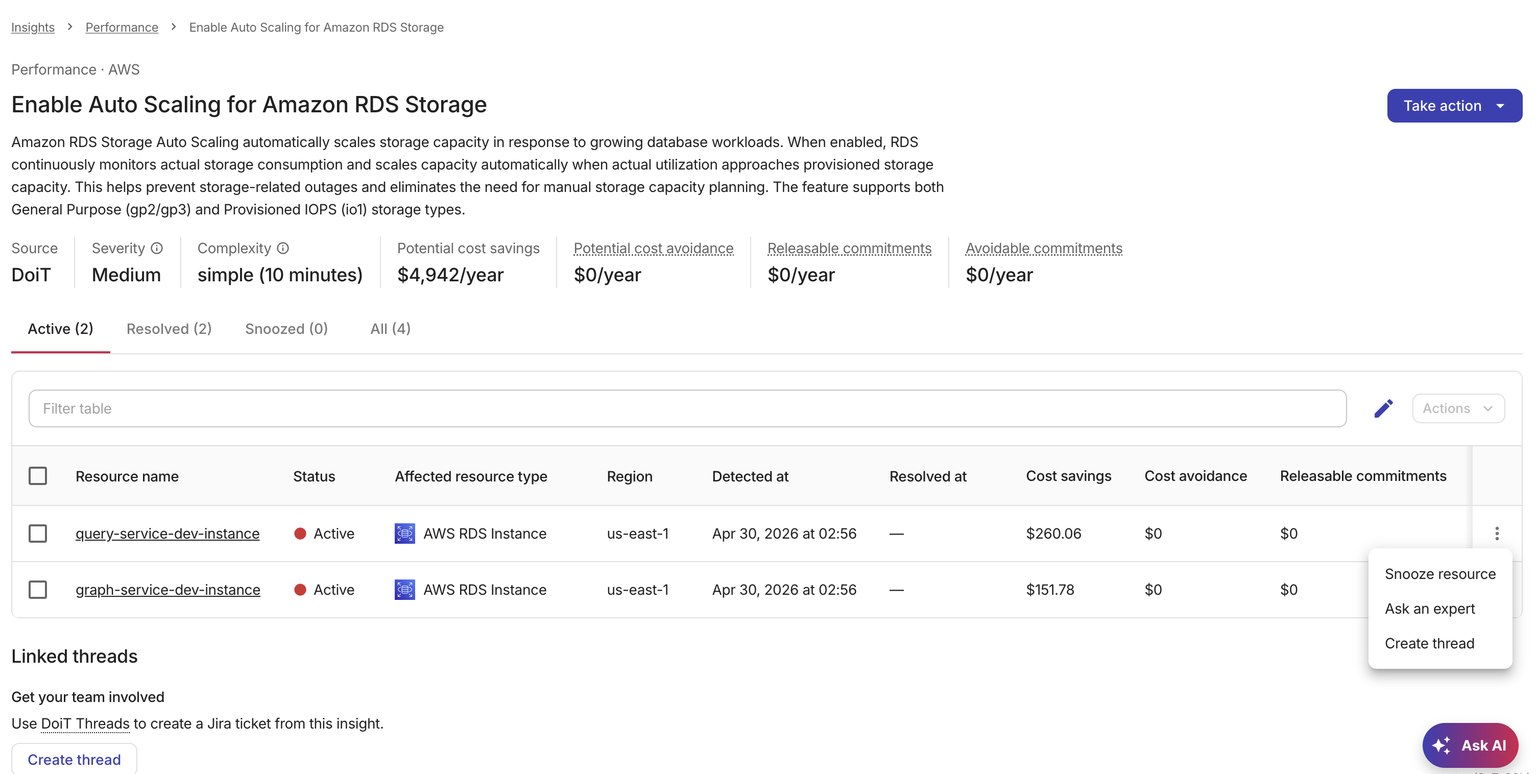 Composer Insight details - Take action on a resource.