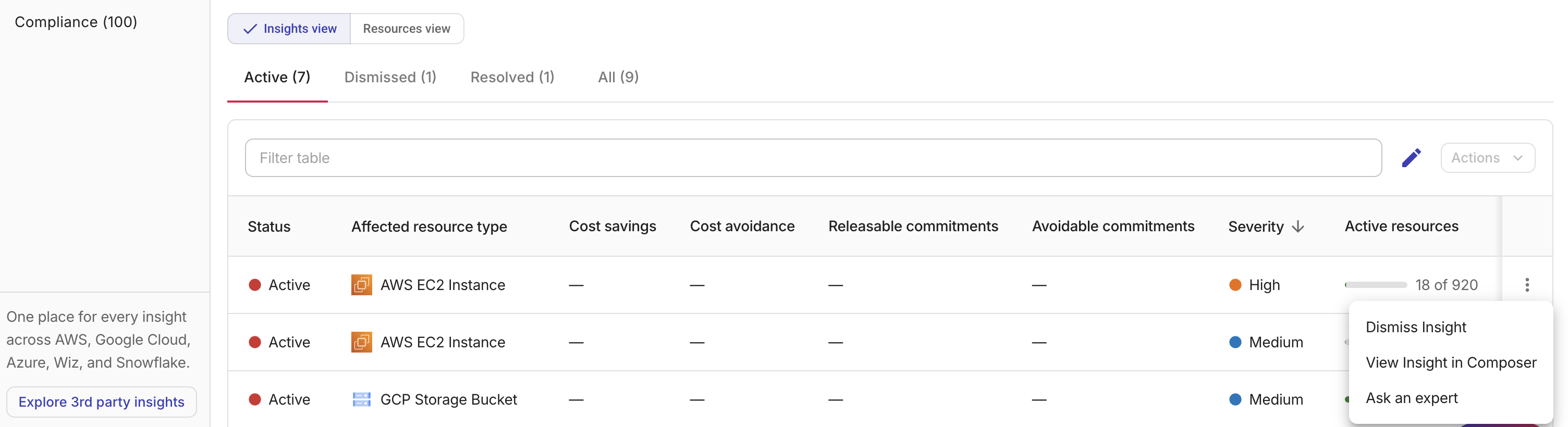 The Composer insights view - Actions.