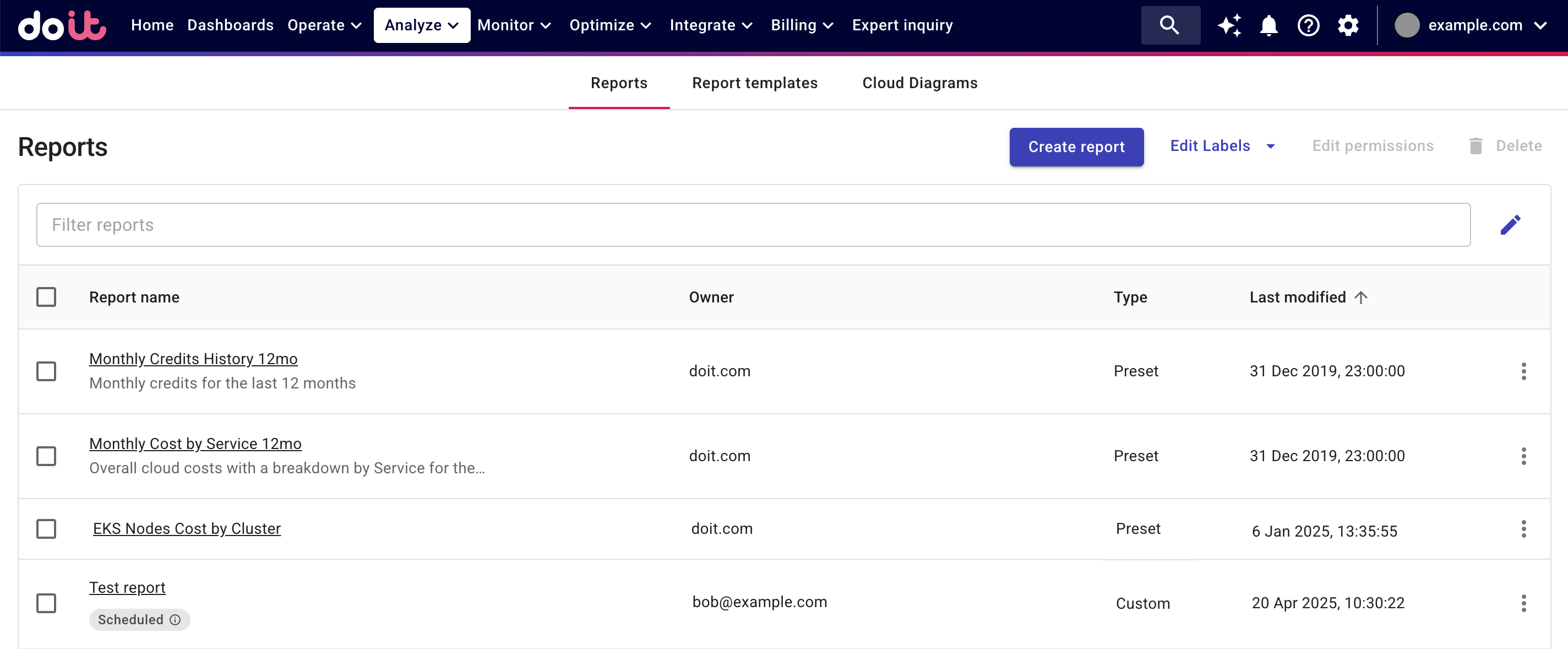 The Reports screen.