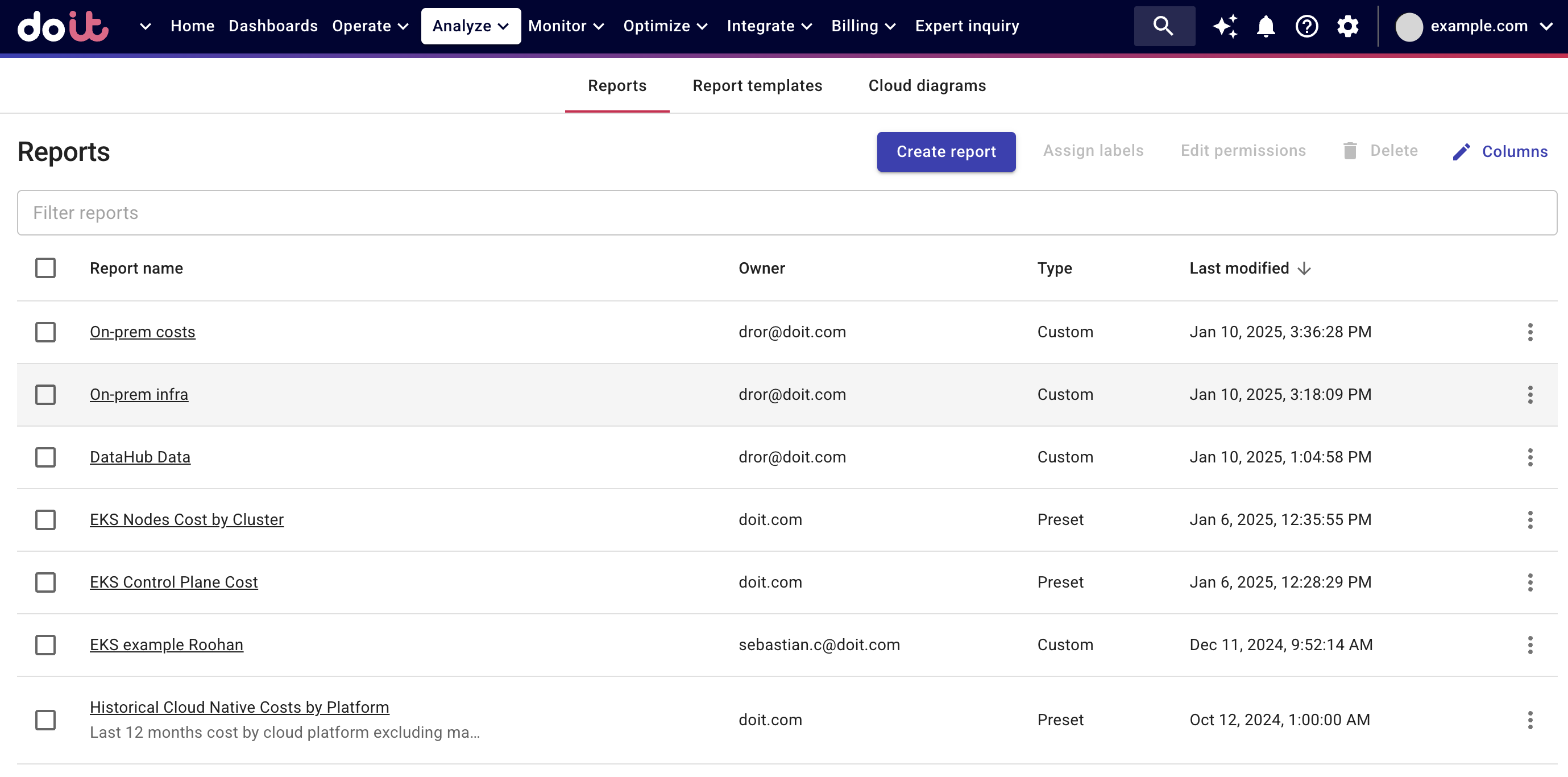 The Reports screen.