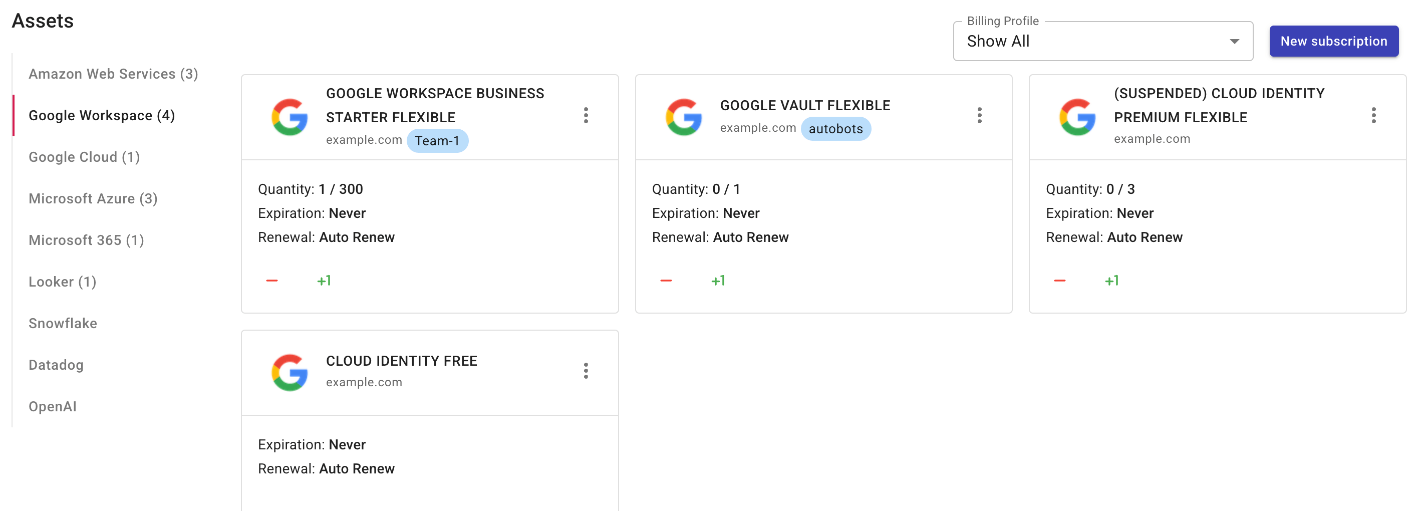 The Google Workspace assets screen