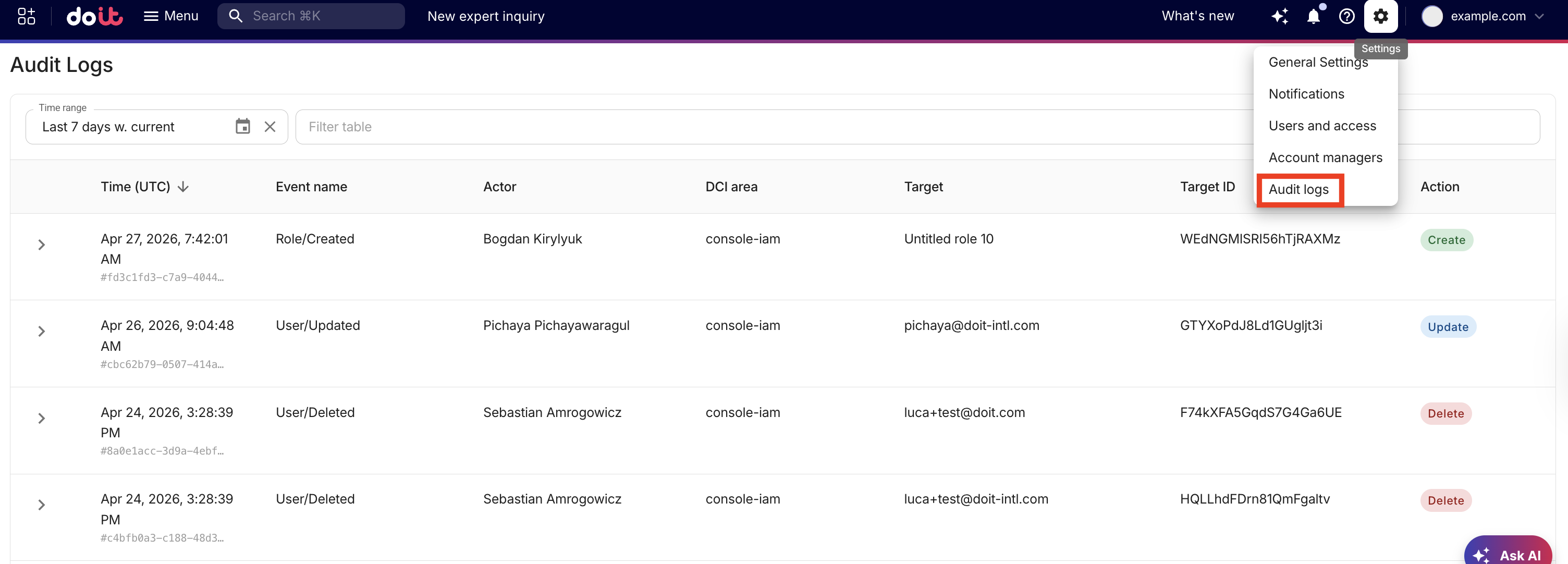 Audit logs menu option