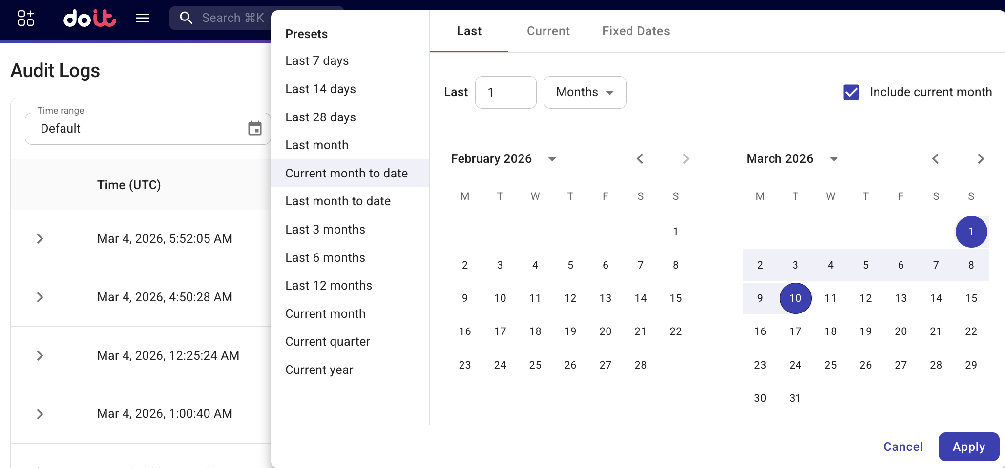 Filter audit logs by time range