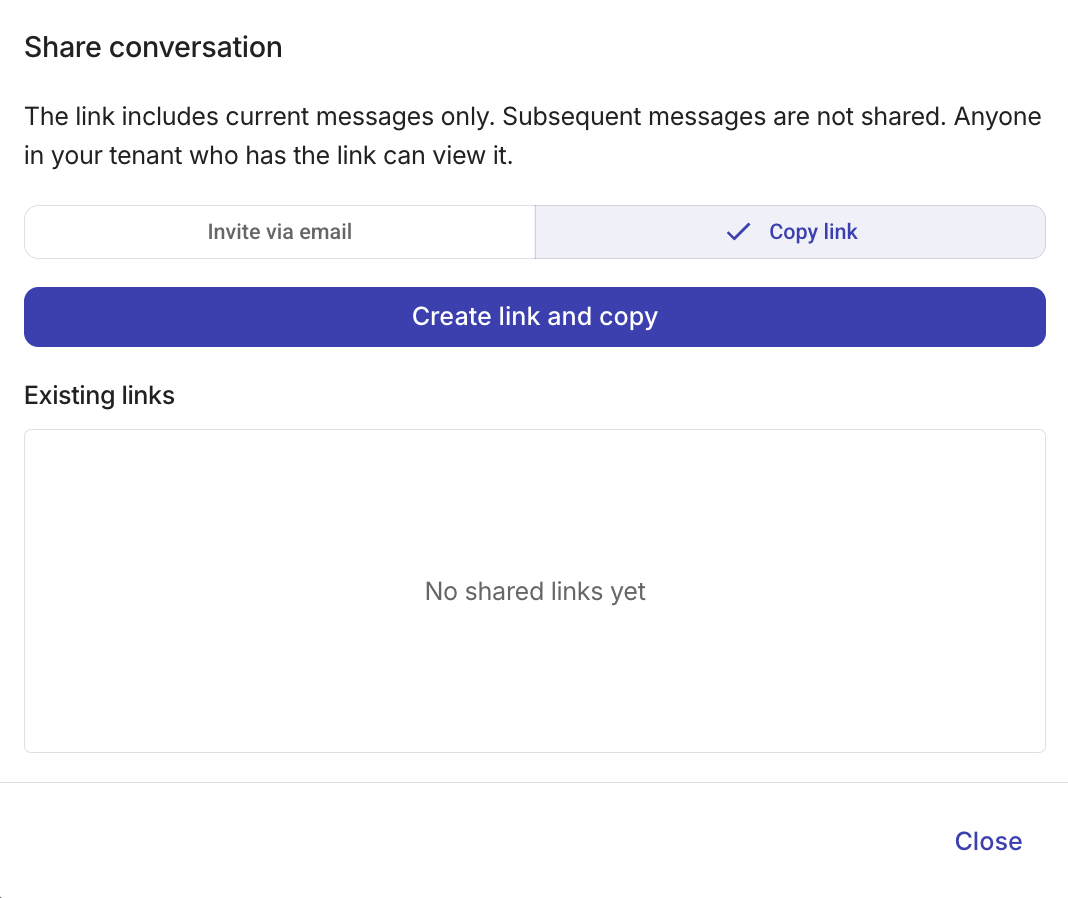 Ava Share conversation dialog showing the Copy link tab wo