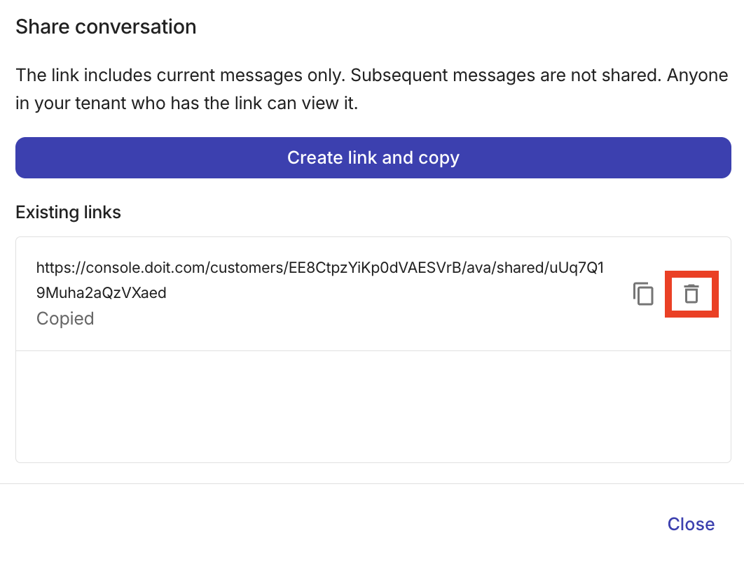 Delete conversation links in the shared conversation dialog