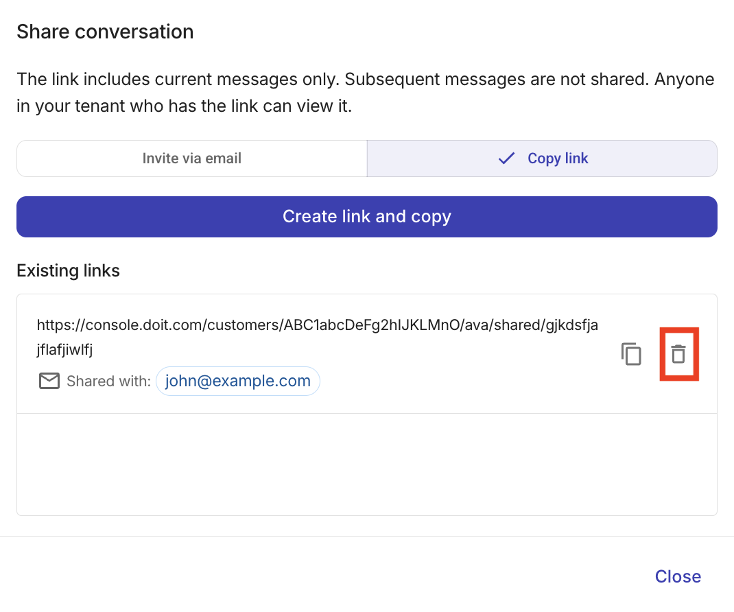 Delete conversation links in the shared conversation dialog