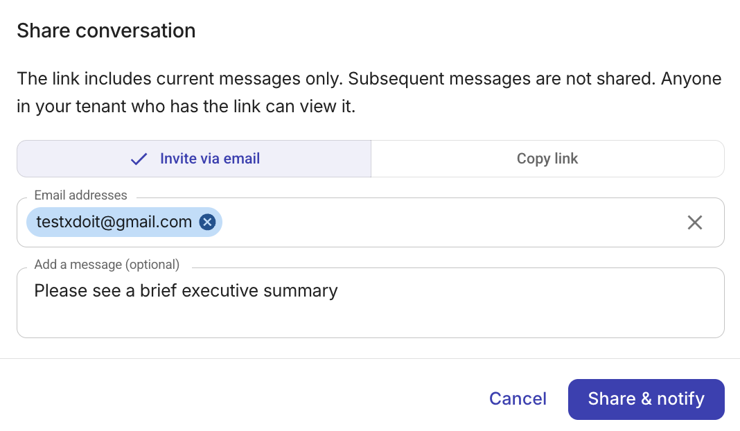 Ava Share conversation dialog showing the Invite via email tab